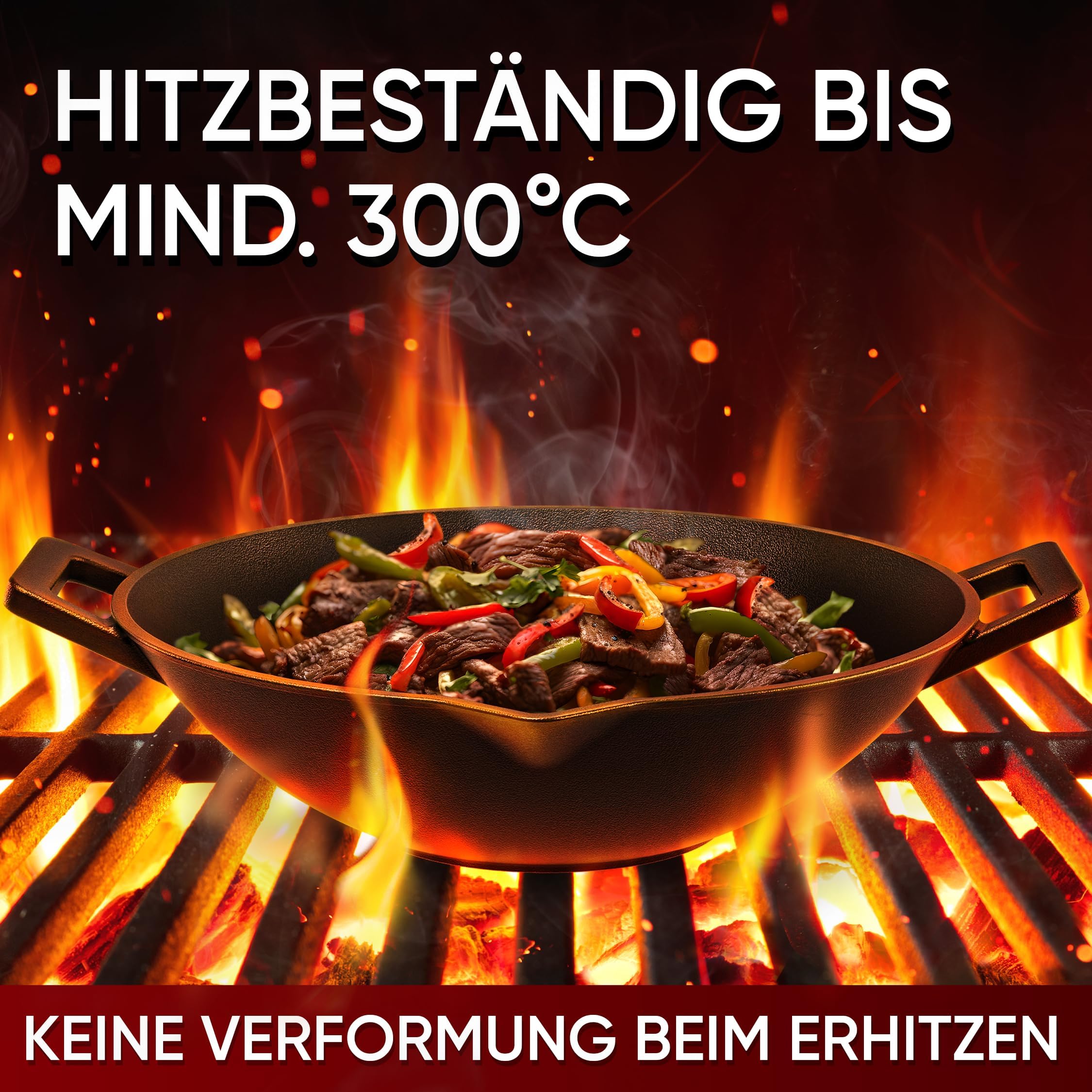 GUSSKÖNIG Gusseisen Wok Pfanne - 35 cm robuste Wokpfanne für Gasgrill, Herd, Ofen und Lagerfeuer- Gusseisen Wokpfanne inkl. Pflegepaste, Ringreiniger, Grillhandschuhe & Rezeptbuch - 30 Jahre Garantie
