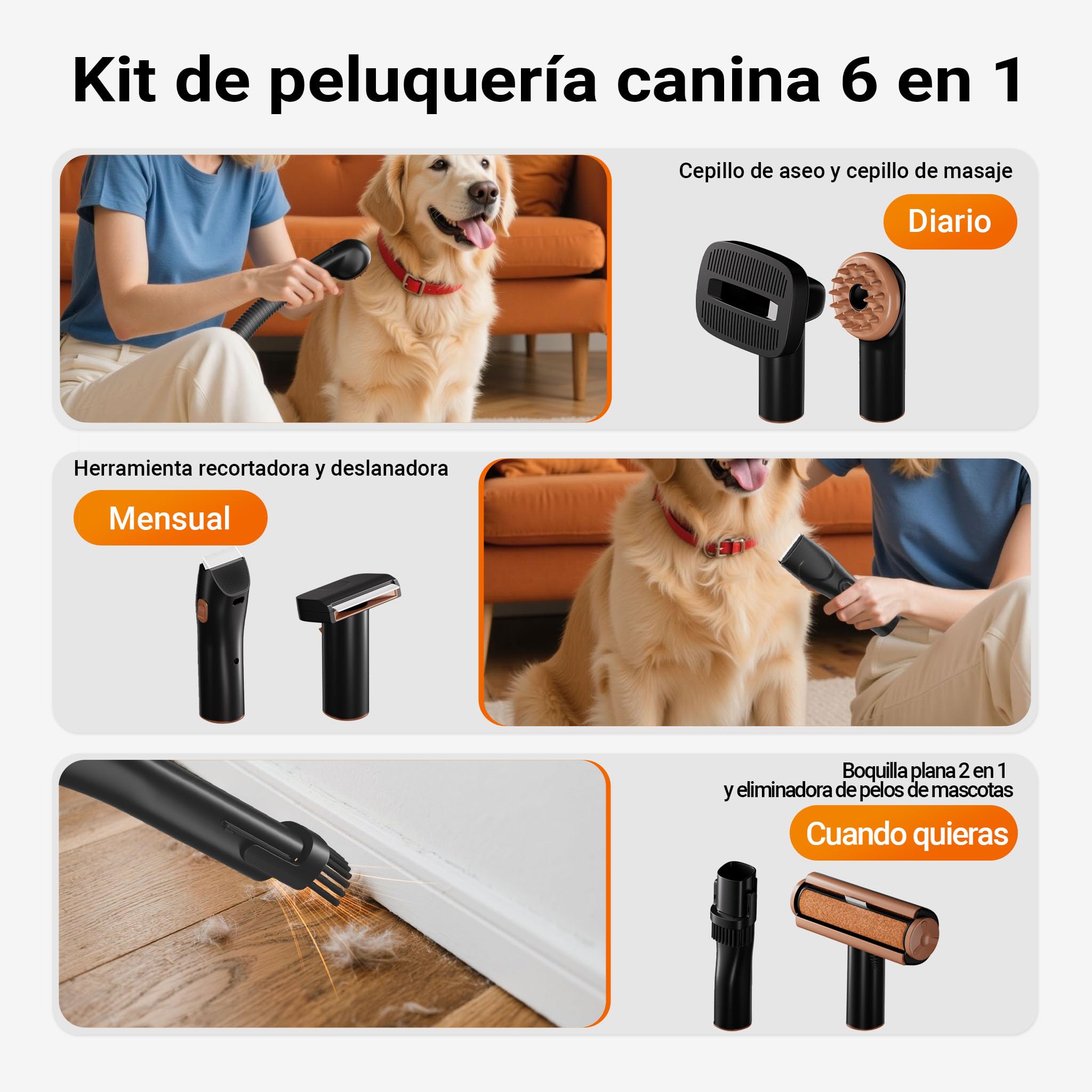 Fudajo Set de peluquería para mascotas negro, cortapelos multifuncional 6 en 1 recortadora para pelaje de animales, kit de peluquería para mascotas para un pelaje sano, recortadora con pistón