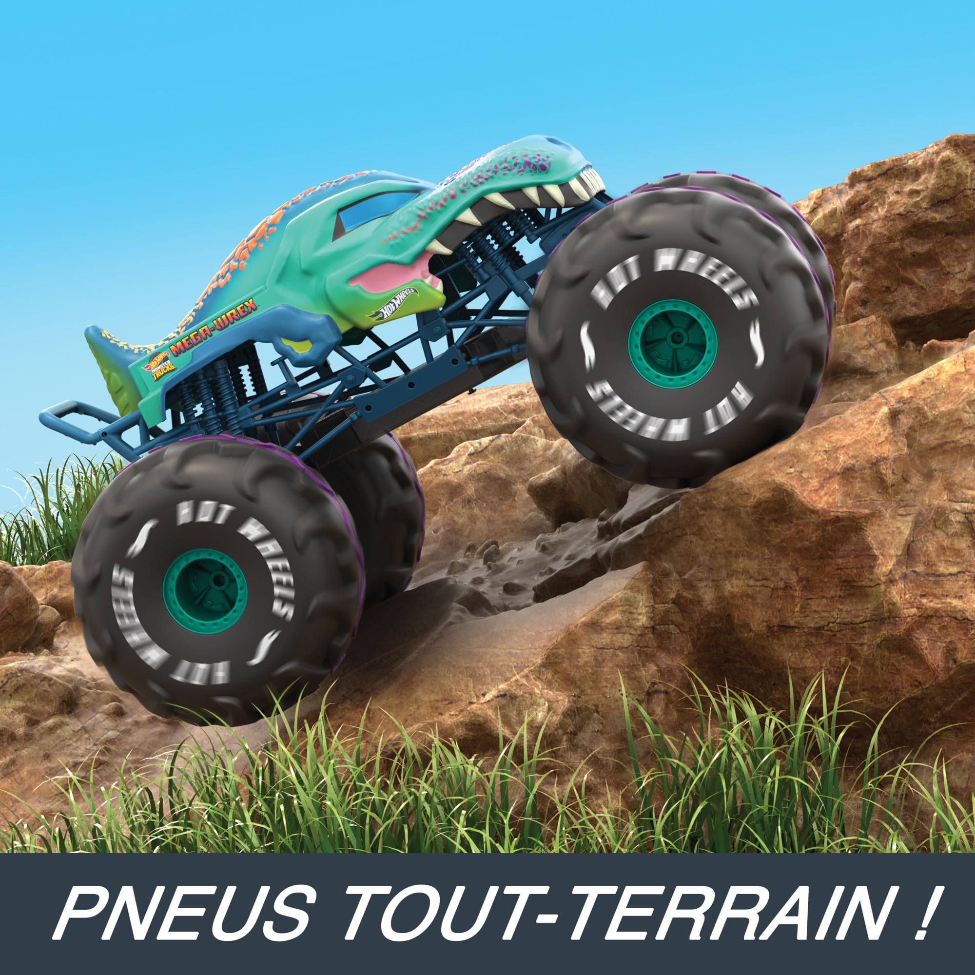 Hot Wheels Monster Trucks Véhicule Radiocommandé XL Mega-Wrex | Camion RC extra large avec barre de roue arrière, USB rechargeable, plus de 60 cm, HPK28