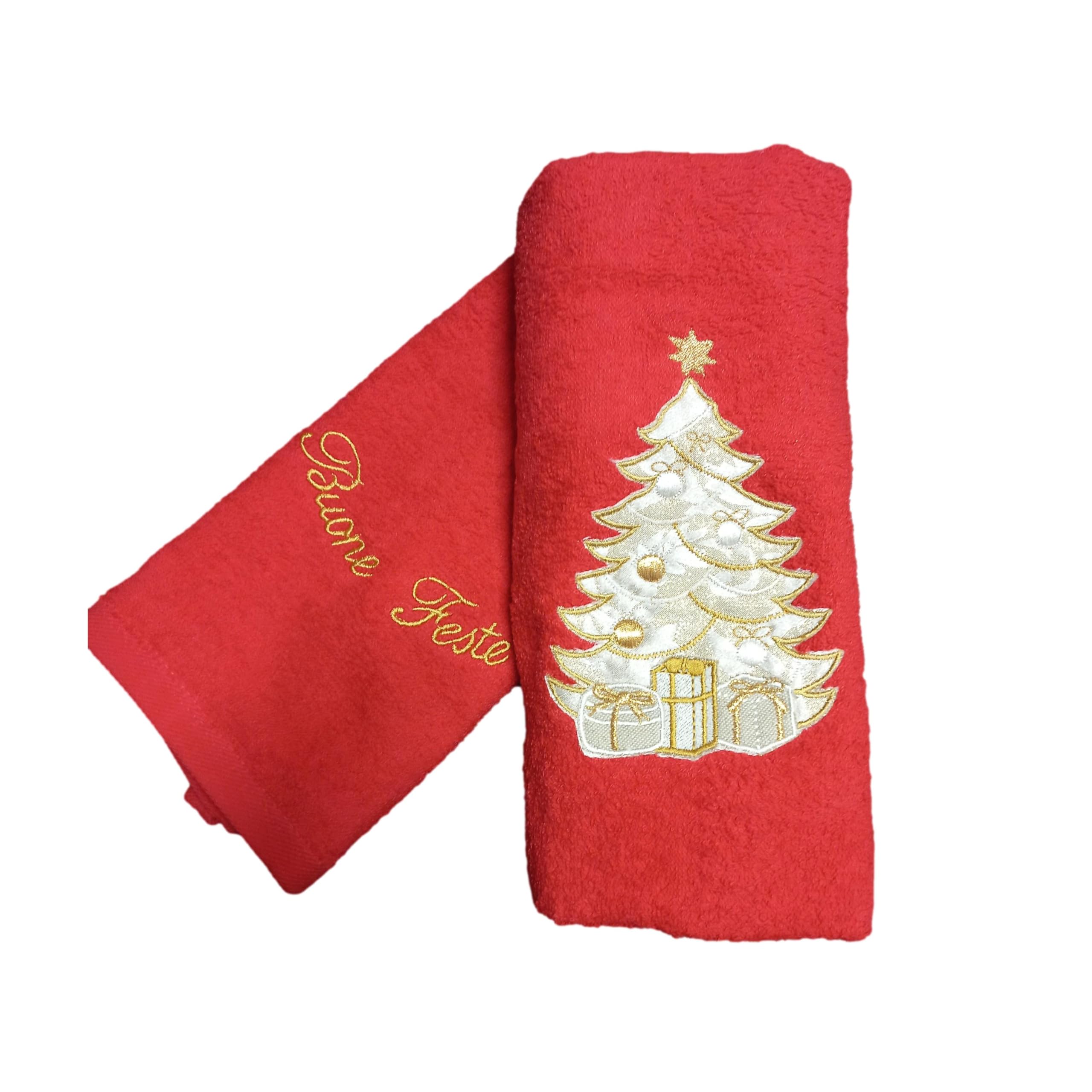 RICAMI FIORENTINI BALDI Idea Regalo Natale. Set 2 Asciugamani Viso + ospite, Spugna di Cotone 100% con Ricamo Natale. Made in Italy (Albero-rosso)