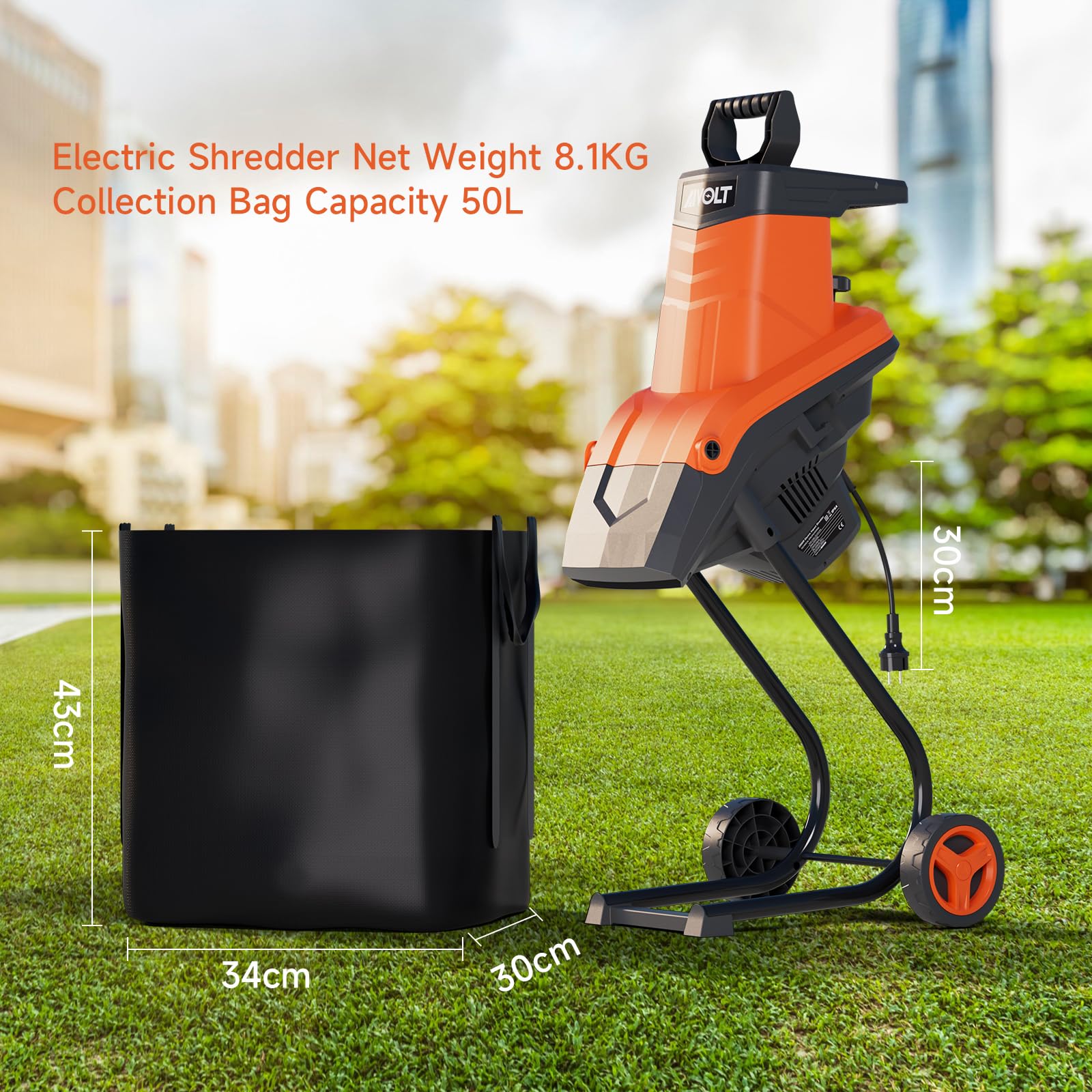 AIVOLT Trituradora Eléctrica de Ramas 2500W Biotrituradora Eléctrica con Bolsa de Recolección 50L para Diámetro de Corte de Ramas 45mm