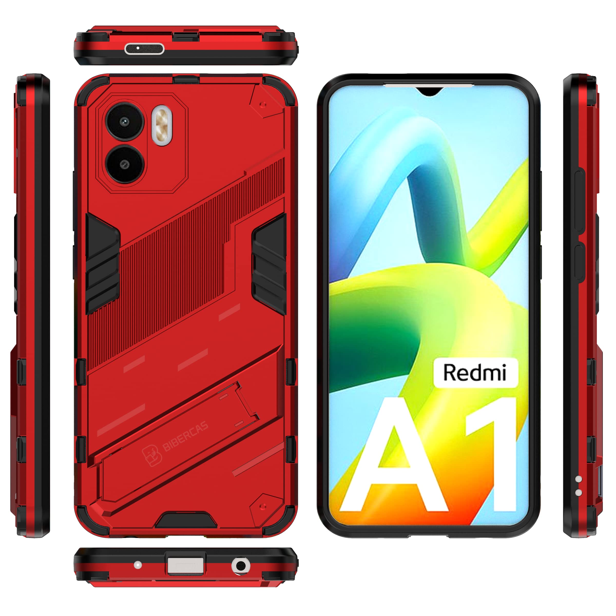 Custodia Per Xiaomi Redmi A1 – TEYYOS Hybrid TPU/PC, Antiurto, Con Supporto A 360° E Anello, Rosso - 3