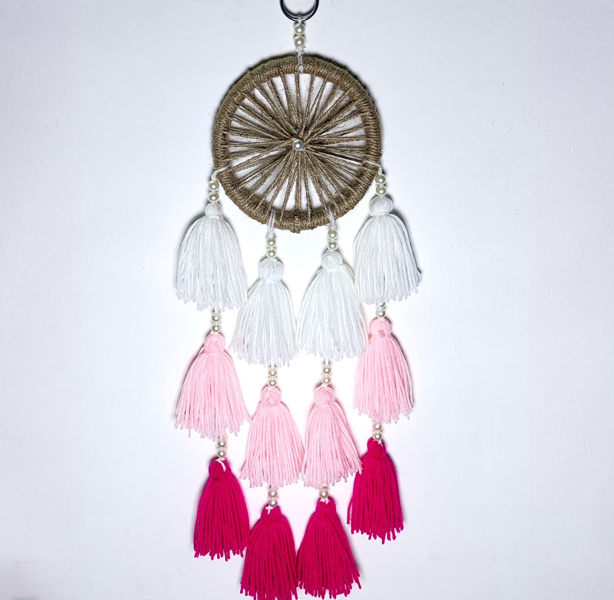 Handmade Dream Catcher Wall Hanging - 43cm x 12cm - Crochet Tassels and Jute - Boho Wall Decor for Bedroom and Living Room (White, Pink, Magenta)-image-19