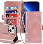 iCoverCase Compatible with iPhone 13 Mini Wallet Case with Wrist Strap, [RFID Blocking] PU Leather Kickstand Case with Credit Card Holder Magnetic Flip Cover Case (Rose Gold)