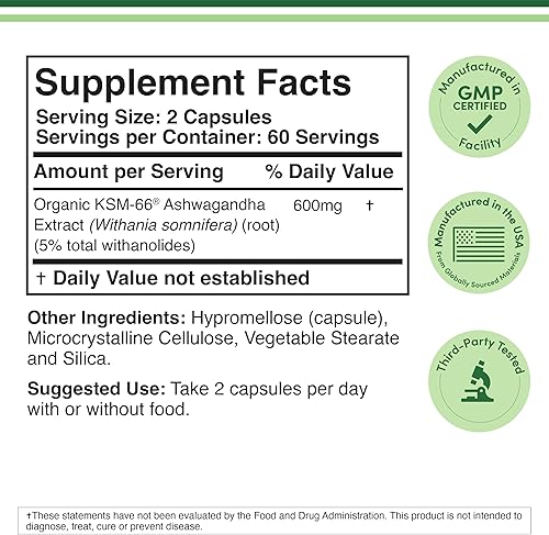 Miniatura 2 de Double Wood Supplements Ashwagandha KSM 66 Extracto orgánico y clínicamente estudiado (600 mg por porción, 120 cápsulas, 60 porciones) Administrador