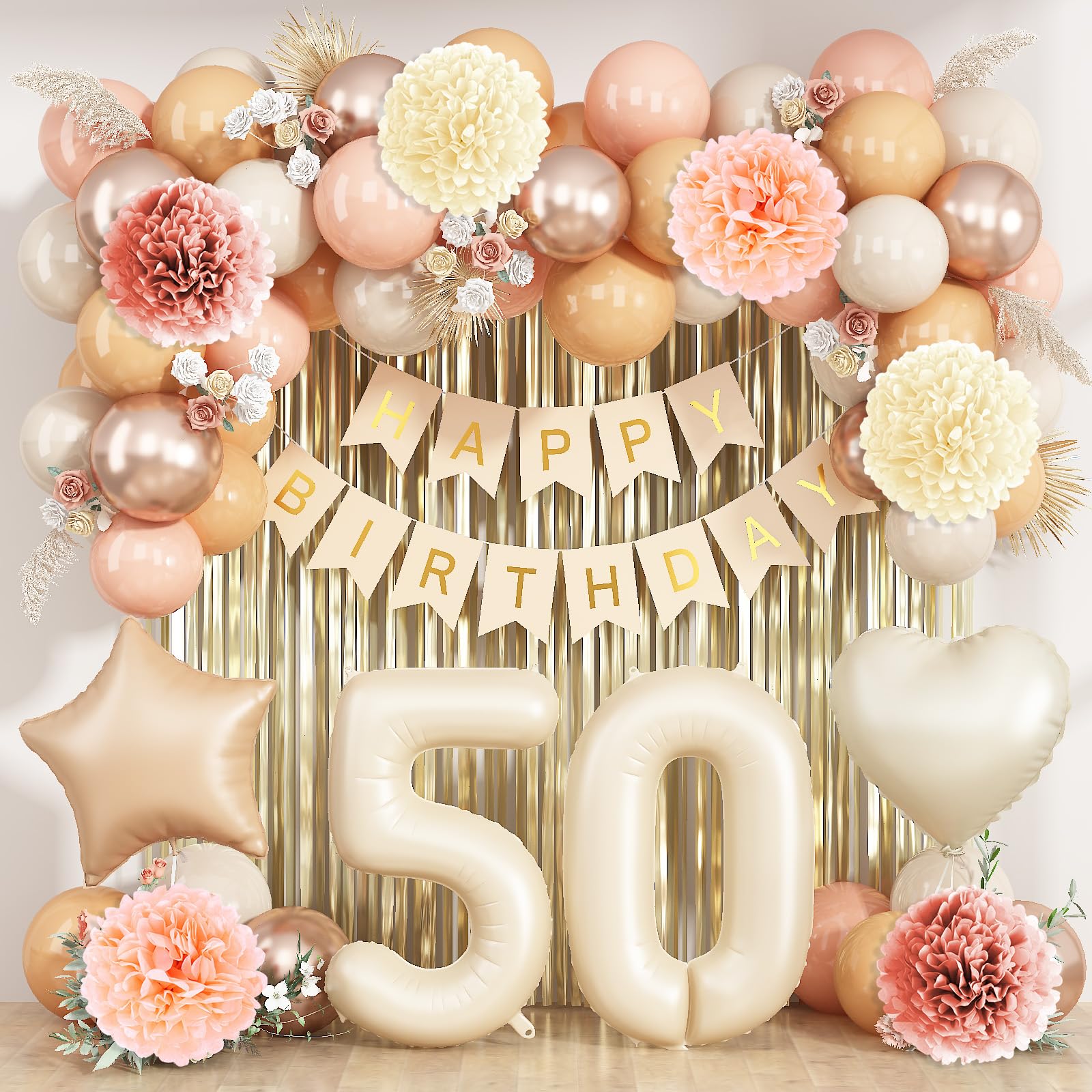 Beige 50th Birthday Decorations for Women Cream Number 50 Balloon Nude Gold Happy Birthday Banner Fringe Curtain Paper Pom Poms Blush White Sand