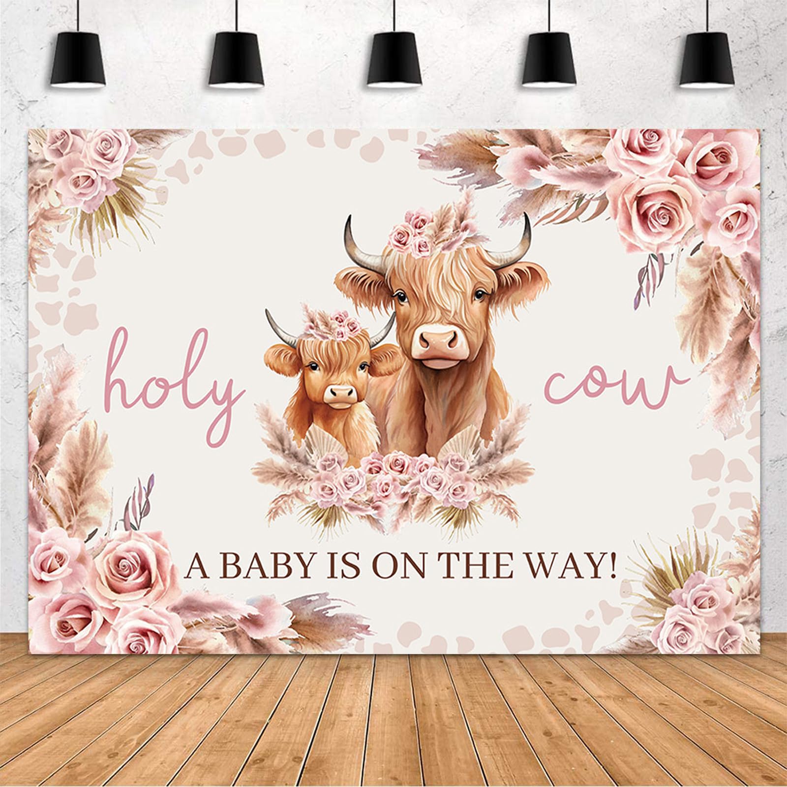 MEHOFOND Boho Holy Cow Baby Shower Backdrop for Girl Highland Cow We are Having A Baby Bohemian Pink Floral Pampas Grass Background Farm Animal Baby