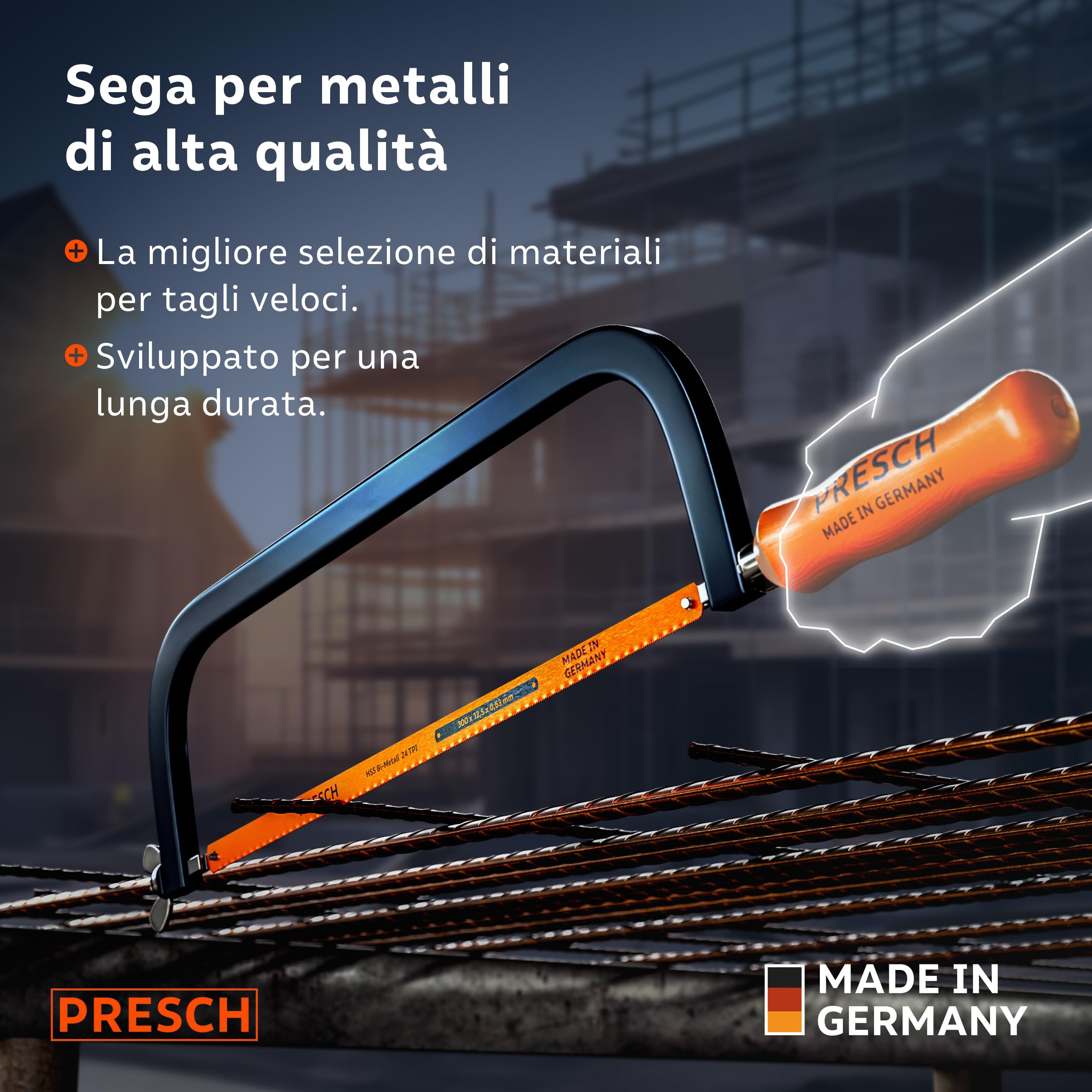 Presch Seghetto per metallo 300mm - Con lama in BI-metal per tagli precisi - Rotazione di 90° della lama per tagli orizzontali e verticali - Sostituzione rapida delle lame - Seghetto per ferro ecc.