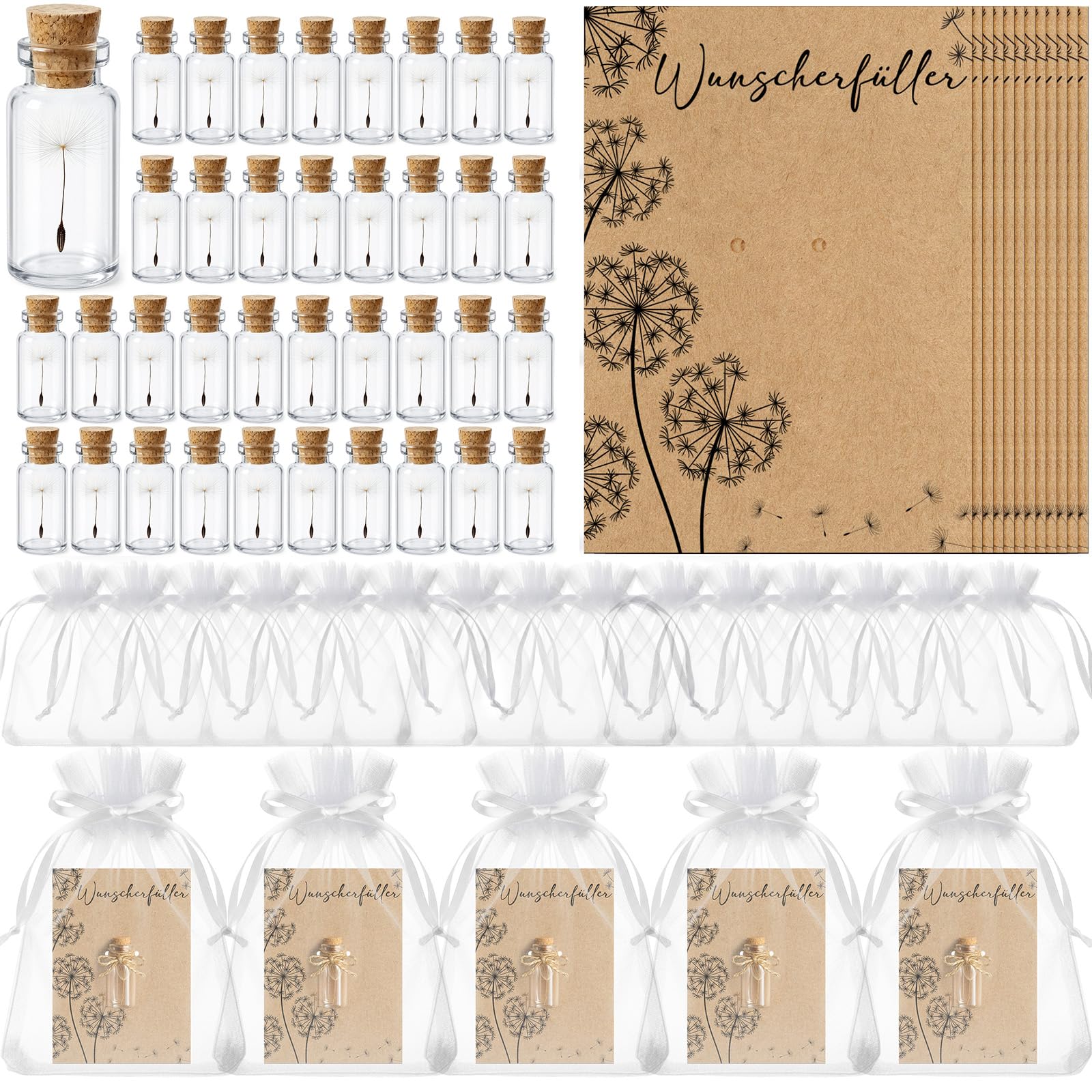 Cadeau d'invité original pour mariage et Noël : 36 pissenlits sous fiole de verre