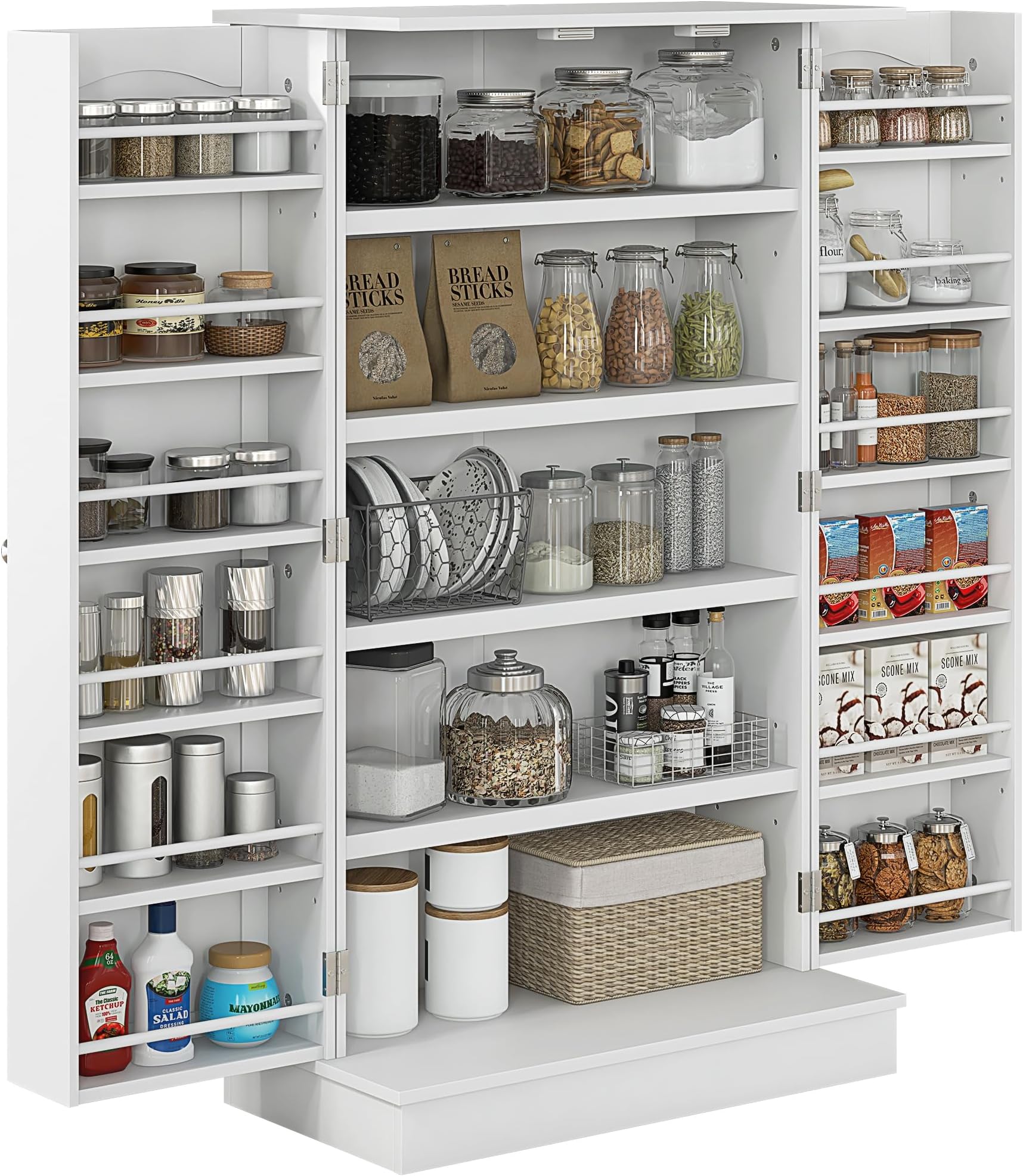 HOMCOM 41" Kitchen Pantry, Modern 2-Door Kitchen Storage Cabinet with 5-Tier Shelving, 12 Spice Racks and Adjustable Shelves, White