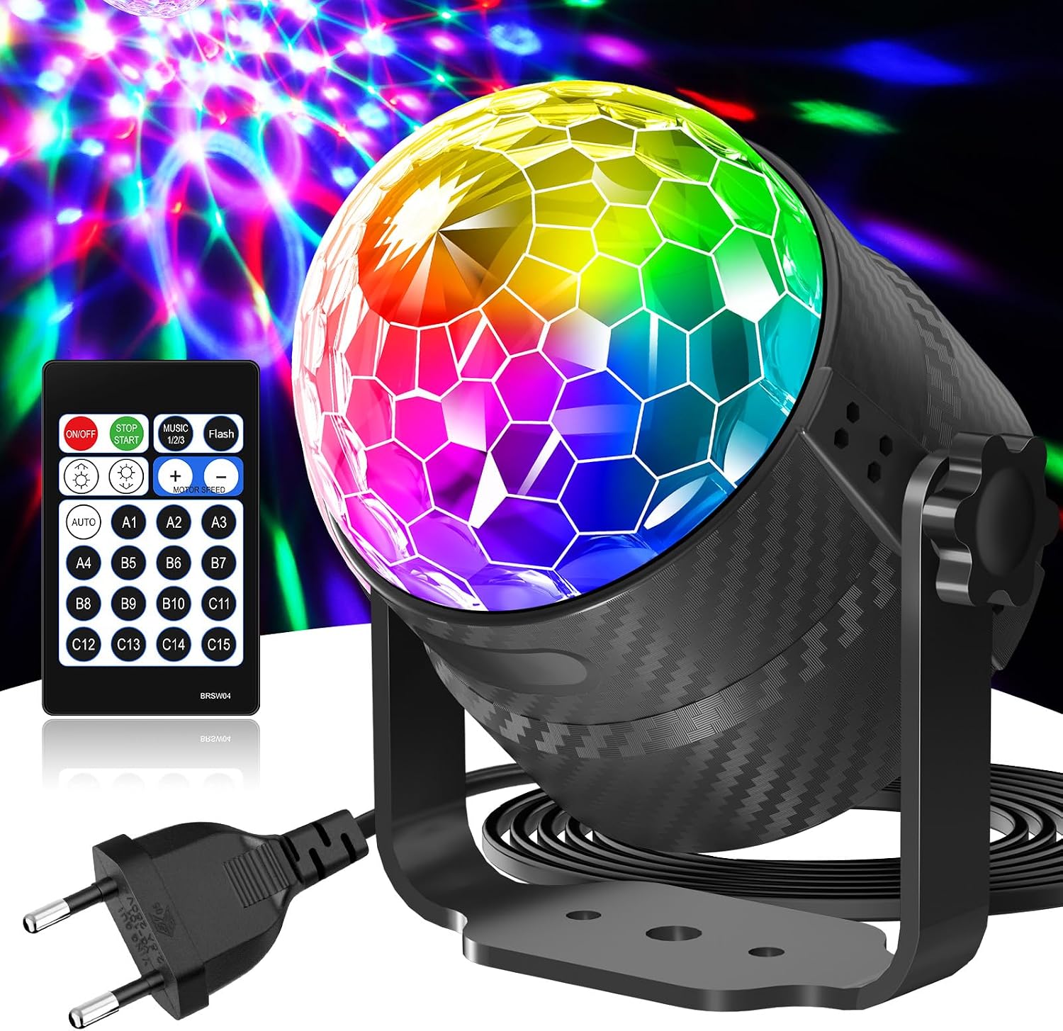 Gobikey Disco Ball, 360° Rotating Music Controlled Disco Light, Party Light with Remote Control and 2 m Plug Cable, 15 Colours, RGBP Light Effects, Disco Ball for Home, Children, Birthday, Party, Christmas