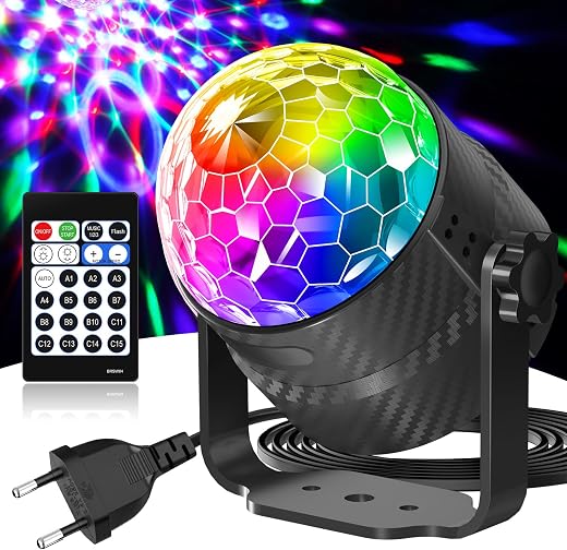 Gobikey Disco Ball, 360° Rotation Controlled by Music with Remote Control and 2m Cable, 15 Colours RGBP Disco Ball Suitabl