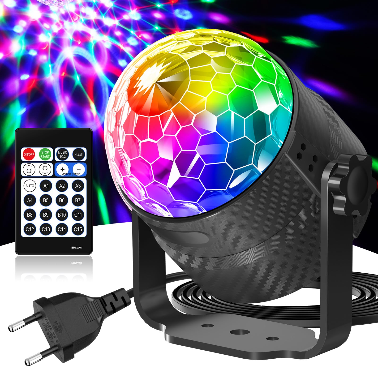 Gobikey Discokugel, 360° Rotierende Musikgesteuert Discolicht Partylicht Mit Fernbedienung und 2M Steckerkabel 15 Farbe RGBP Lichteffekte Diskokugel für Zuhause Kinder Geburtstag Party Weihnachten