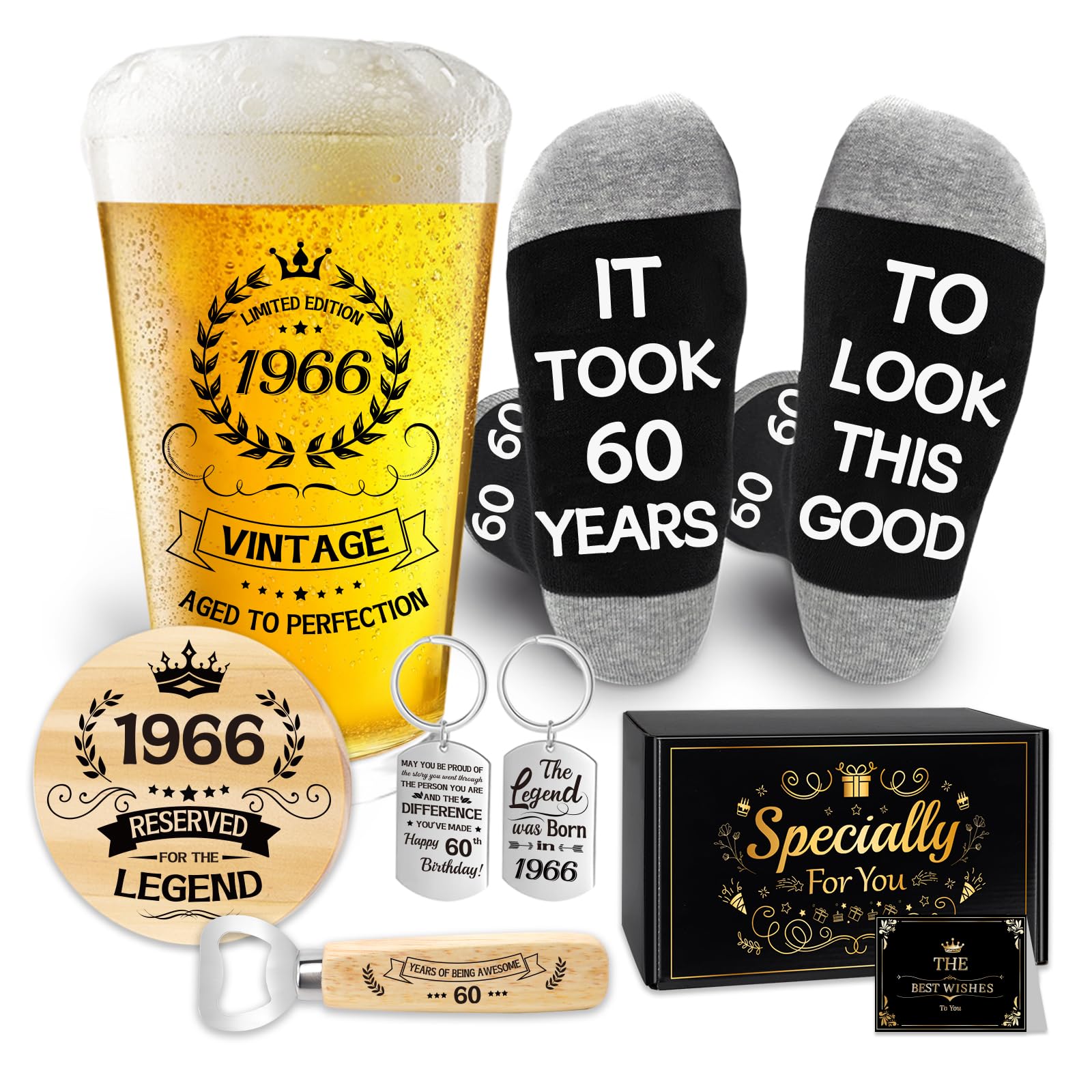 Epaing 1966 60th Birthday Gifts for Men Beer Glass Set, 60th Birthday 500ml Beer Glass Gifts for Men, Vintage Pint Glasses and Socks Gift in Box, with Personalised Keyring Bottle Opener Coaster Card