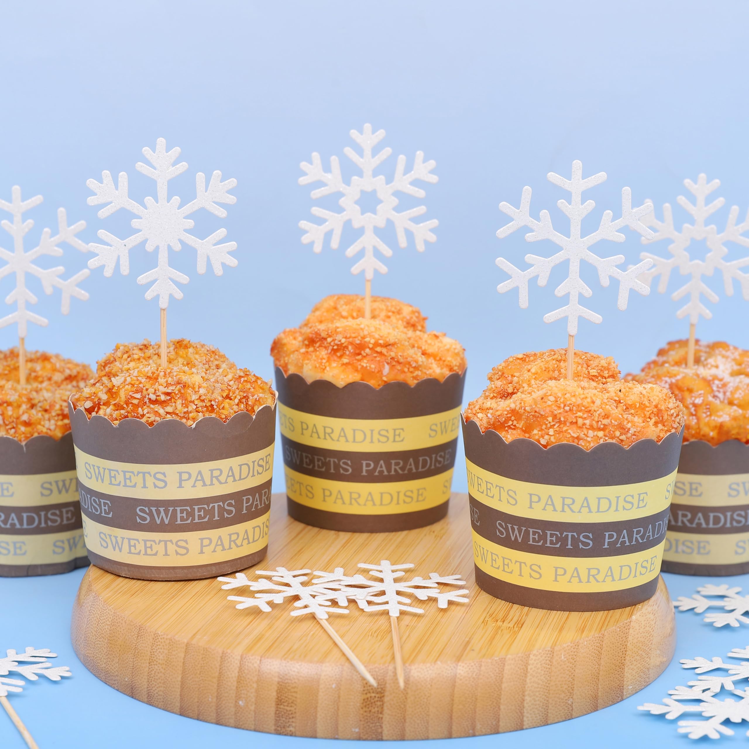 12PCS White Glitter Snowflake Cupcake Toppers - Winter Snowflake Birthday Cake Decoration, Snowflake Birthday Flag, Winter Frozen Theme Snowflake, Winter Wonderland Theme Decoration