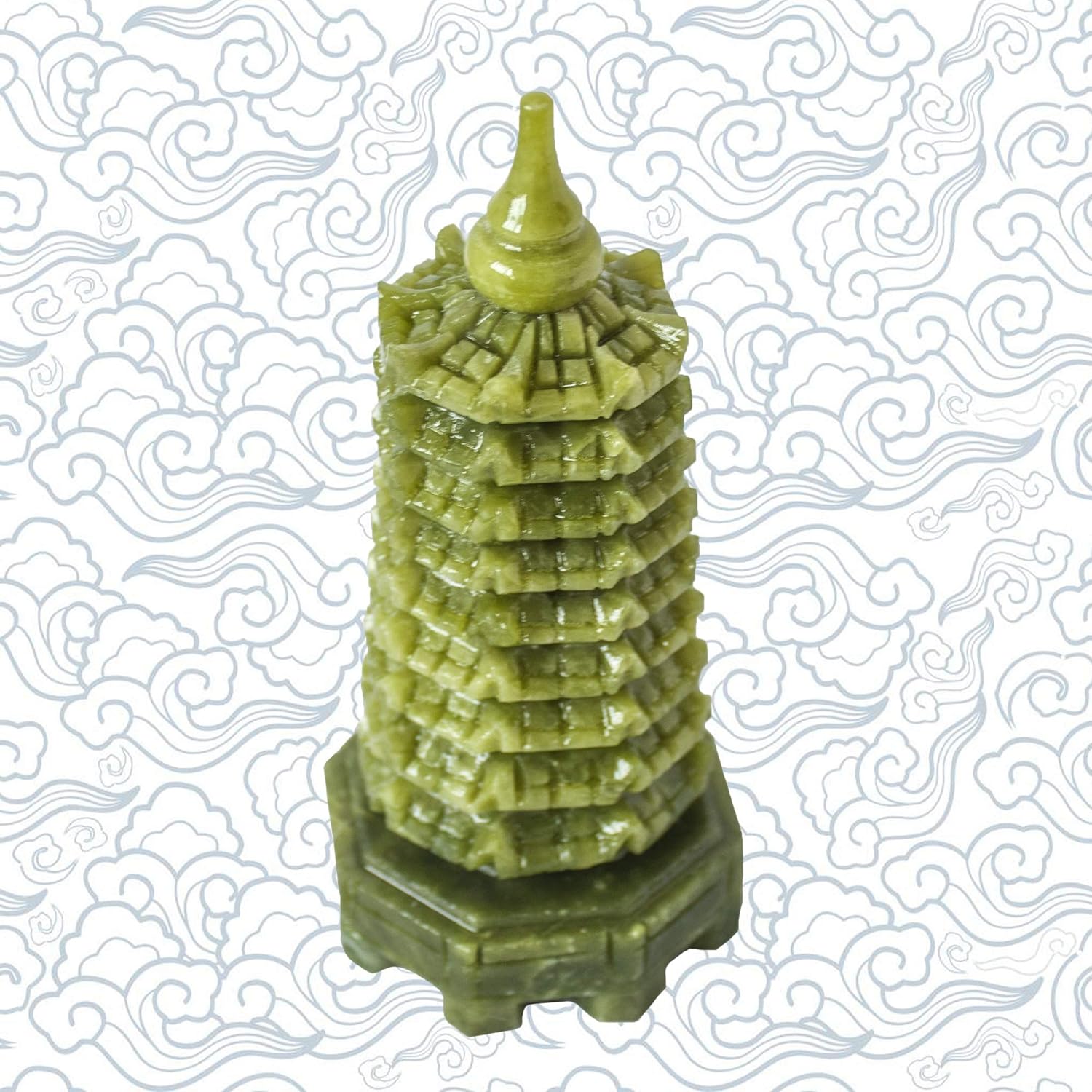 Green Natural Jade Nine-Storey Wenchang Tower Pagoda Statue Fengshui Handmade Figure Hand Carved Collection Arts Home Decor Ornaments