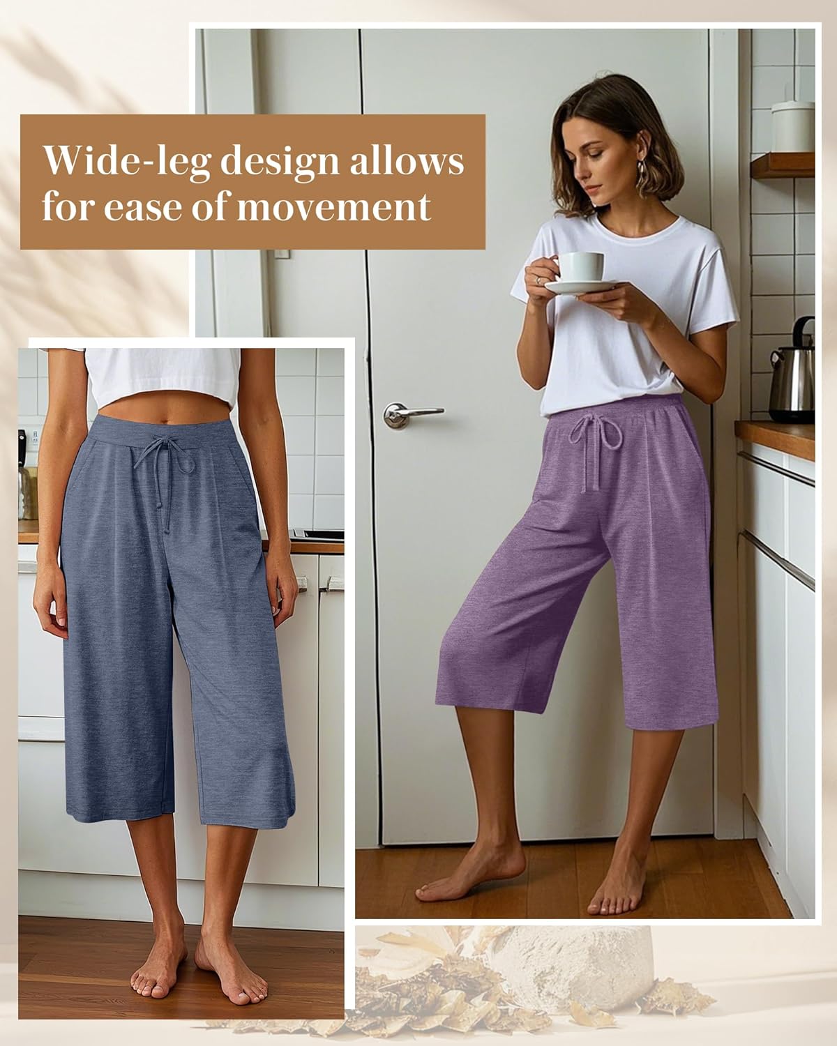 3 Pack Women's Capri Pants, Casual Wide Leg Yoga Pants High Waist Drawstring Cropped Lounge Trousers with Pockets - Image 5