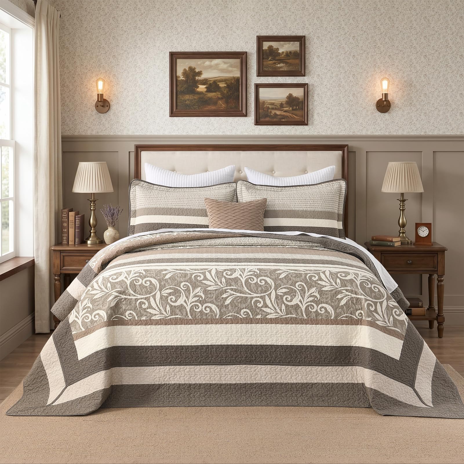 CozyDH 100% Cotton Bedspread Extra Wide Super King 128"x120" - Lightweight Farmhouse Botanical Stripe 3 Piece Quilted Coverlet, Oversized Cal King Quilt Set with 2 Pillow Shams, Brown/Tan/Cream