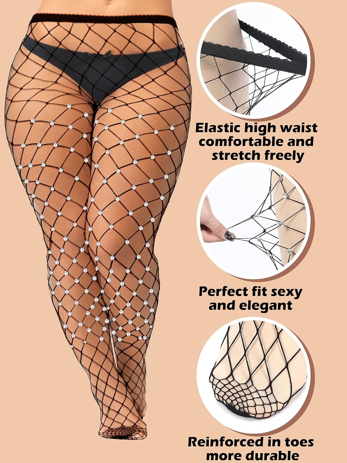 Geyoga 3 Pair Plus Size Fishnets Thigh High Stockings Sparkly Rhinestone Tights Stockings Glitter High Waist Tights for Women