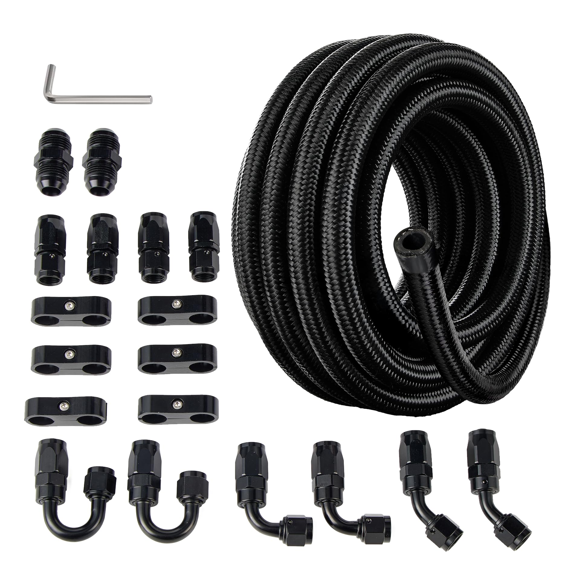 6AN Fuel Line Kit, 6AN Nylon Braided Fuel Line Hose Fitting Kit CPE 20FT Black