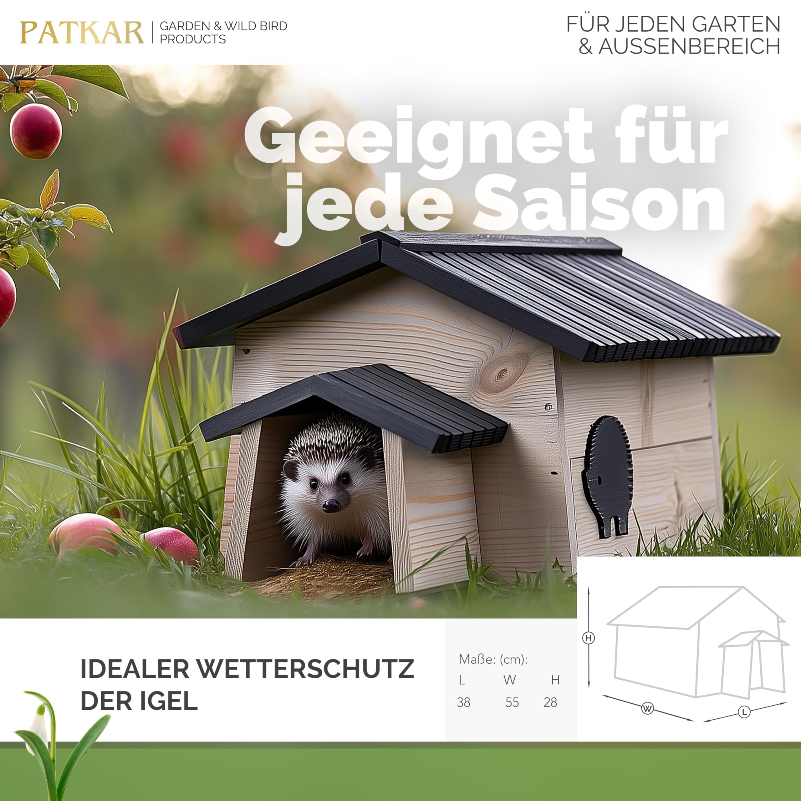 PATKAR Igelhaus Winterfest mit Boden Premium Igelfutterhaus Made in Europe Igel Haus Schlafhaus Futterhaus