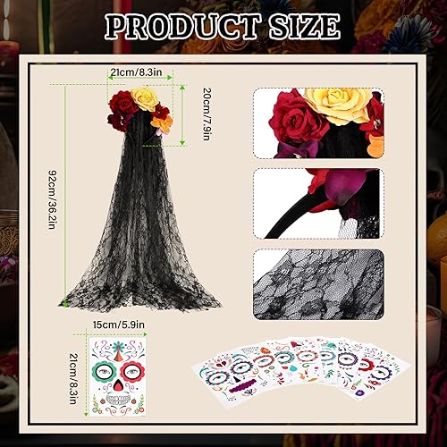 Miniatura 2 de Maitys Day of Dead - Tocado con velo floral de rosa y 8 hojas de calcomanías temporales de tatuaje de calavera floral de Halloween para fiestas de