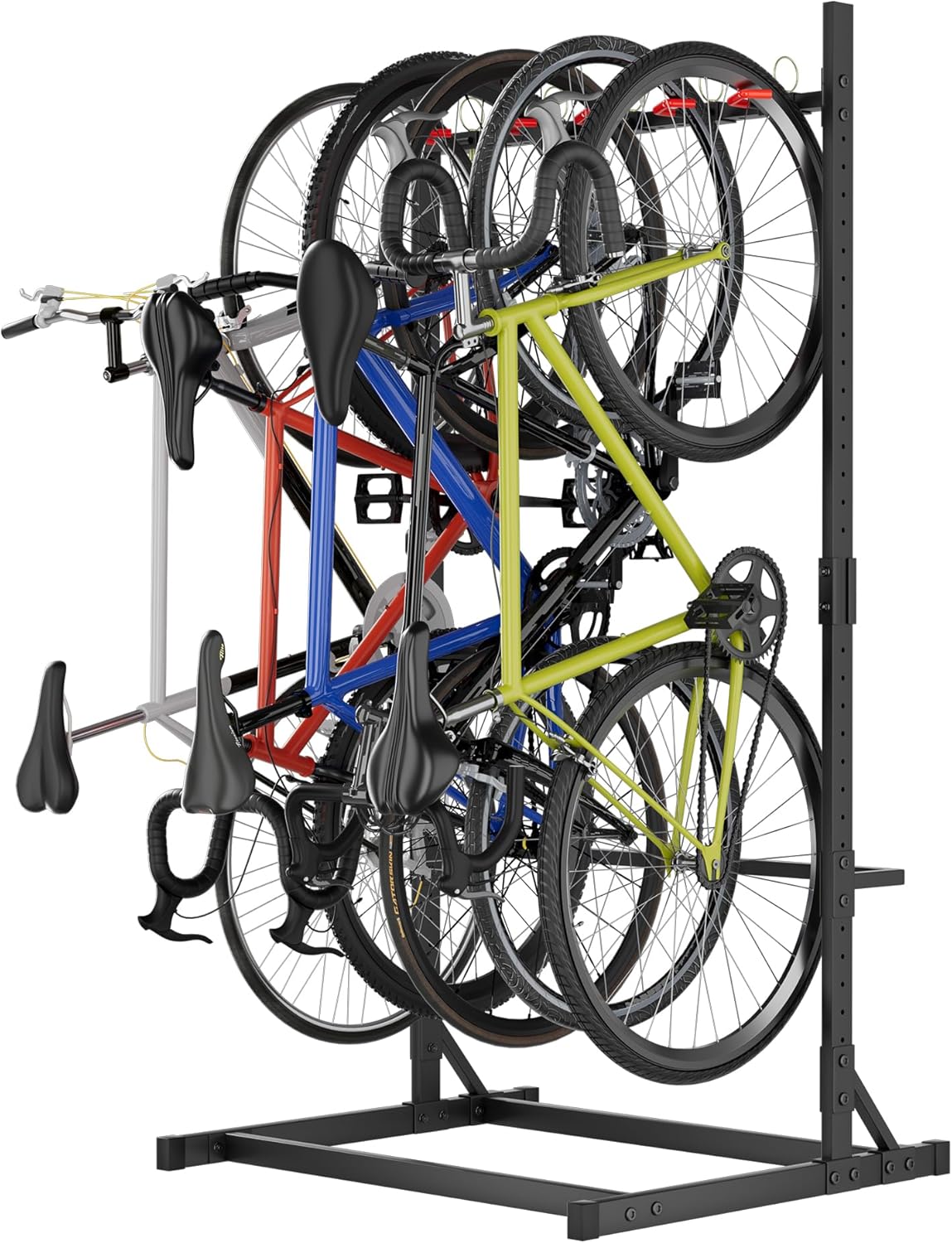 YOHKOH Freestanding Bike Rack 300LBS, 41" W x 35.4" D x 80.4" H Vertical Bike Stand with 5 Adjustable Hooks, PVC-Coated Hangers for Garage Indoor Storage, Space-Saving Floor Stand for 5 Bicycles