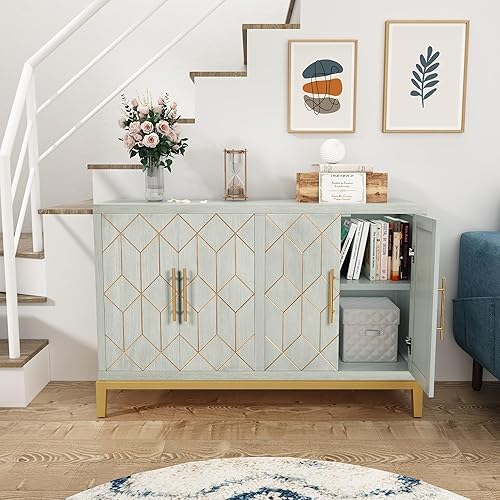 Miniatura 5 de ARTPOWER Aparador buffet con 4 puertas y estantes, aparador moderno de credenza, armario de almacenamiento decorativo tallado para sala de estar,