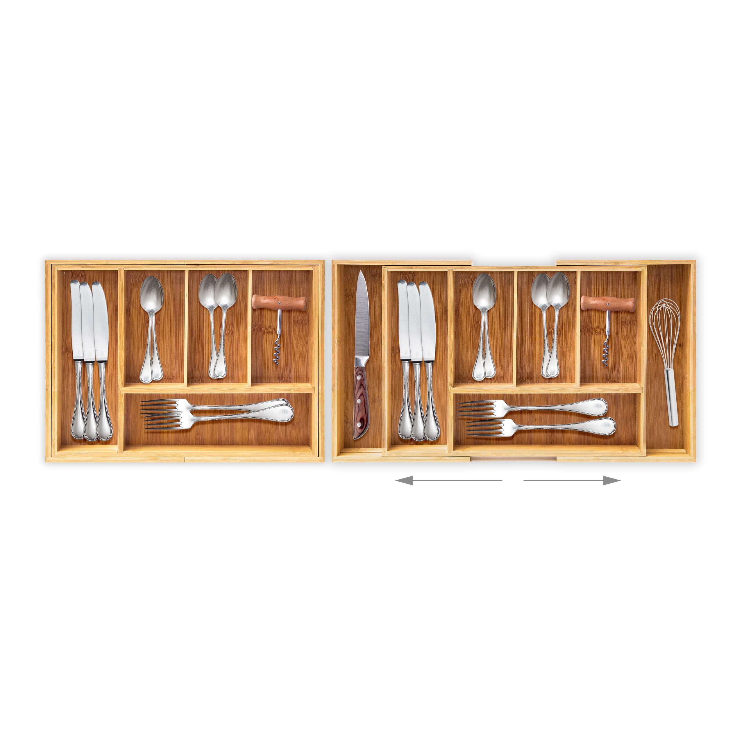 Relaxdays Portaposate estensibile HBT 5 x 48,5 x 28 cm, inserto per posate in bambù con 5-7 scomparti come organizer da cucina e inserto per cassetti, portaposate di facile manutenzione per tutti i cassetti, naturale