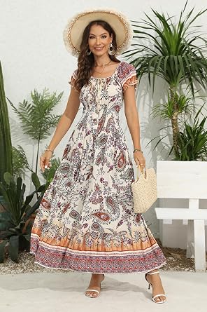 OSTOO Women's 2026 Maxi Dress Short Sleeves Boho Floral Print Tiered Casual Flowy Summer Long Dress