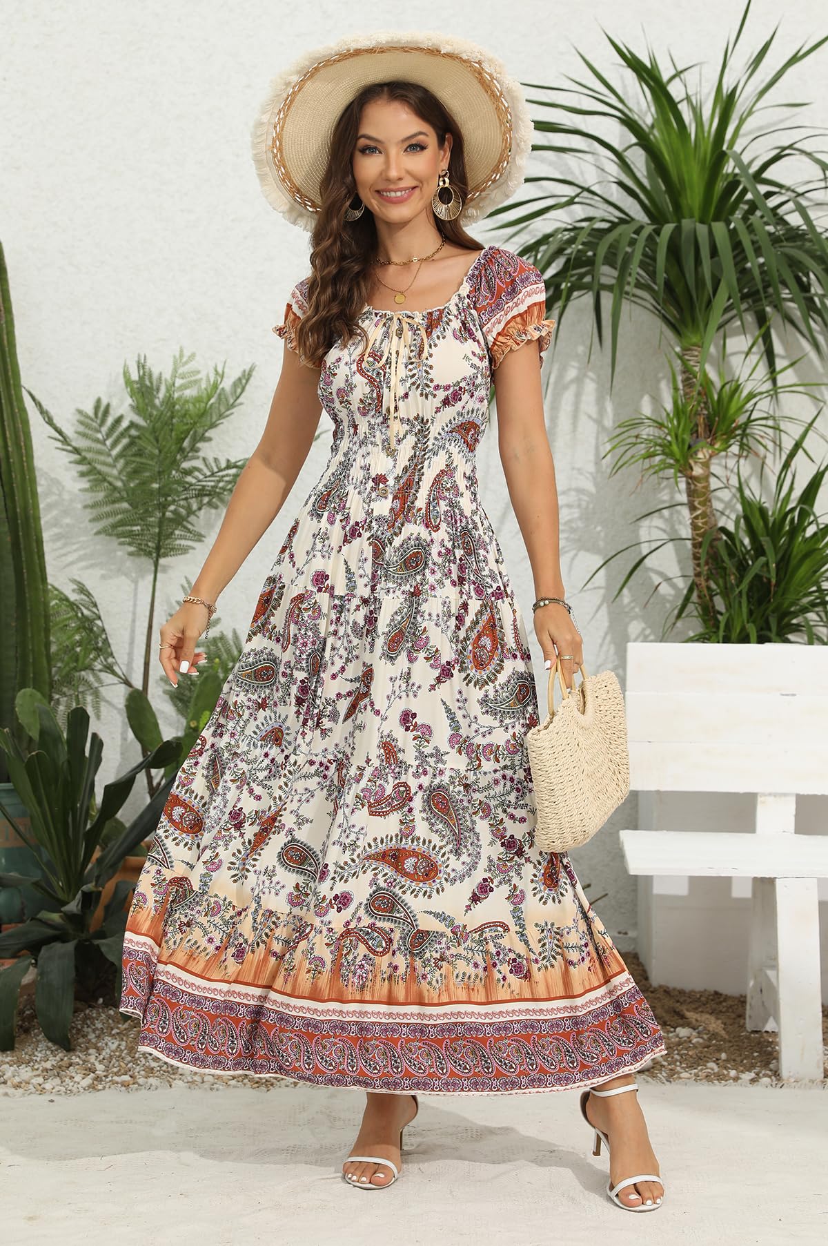 OSTOO - Vestido Largo de Verano para Mujer, Estilo Bohemio, con Estampado Floral, Escalonado, Informal, con Vuelo