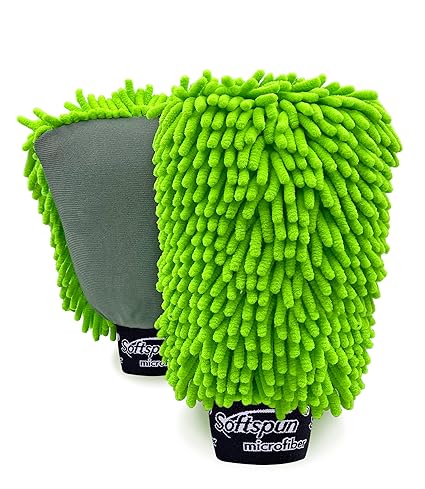 SOFTSPUN Microfiber Chenille & Glass Cloth Mitt, 2 Piece Combo 1700 GSM Green, Multi-Purpose Super Absorbent and Perfect Wash Clean with Lint-Scratch Free Cars, Window, Kitchen, Home Dusting!