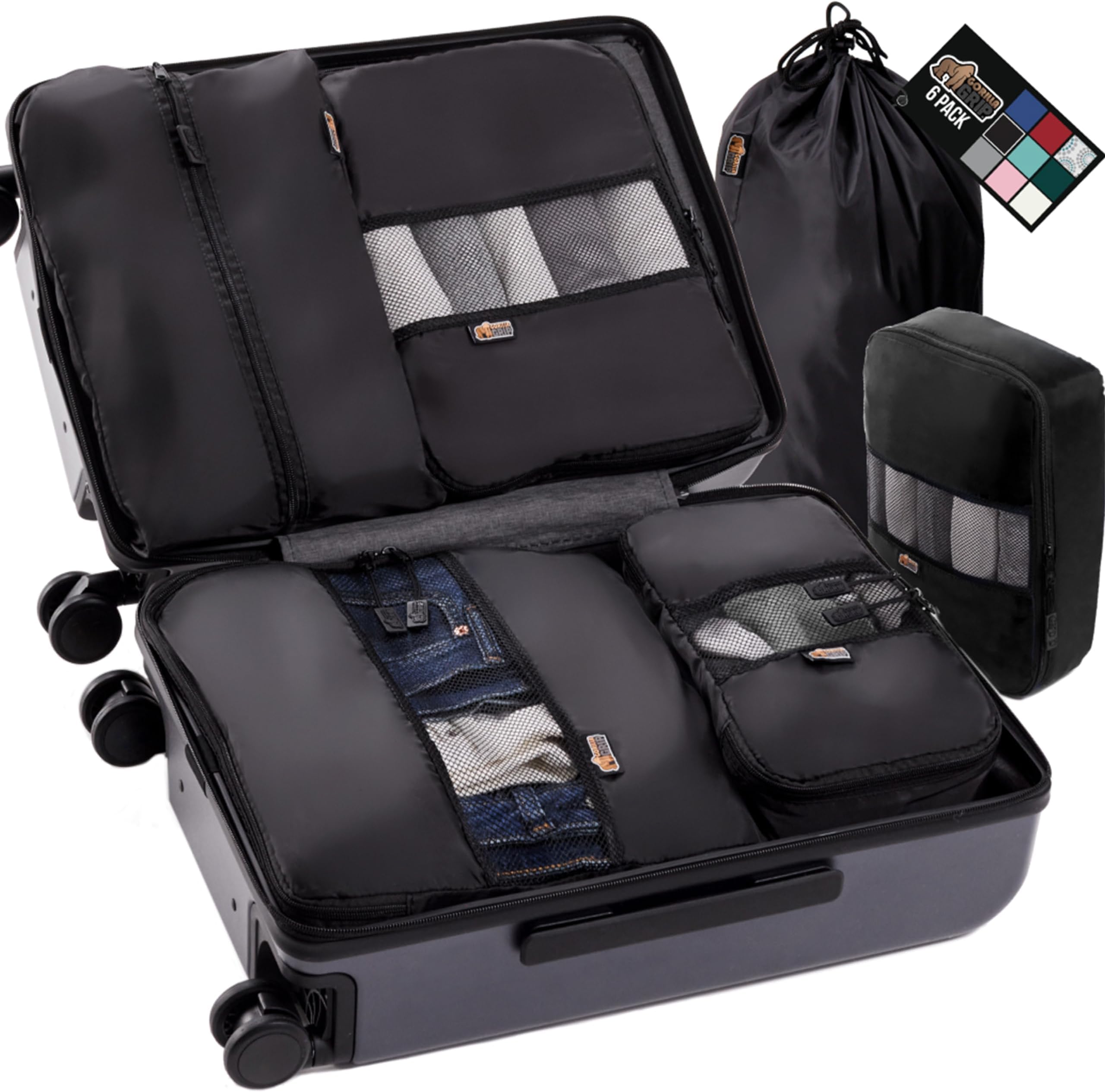 GORILLA GRIP 6 Set Packing Cubes, Travel Essentials for Suitcase, Mesh Organizer Bags for Clothes Toiletries Shoes and Laundry, Luggage and Carry On Airplane Accessories, Traveling Must Haves Black
