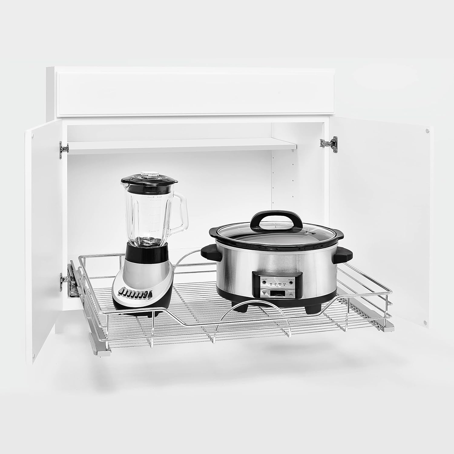 Rev-A-Shelf Single Steel Pullout Organizer for Base Kitchen/Bathroom Cabinets, Wire Storage Basket w/Soft-Close, Chrome, 32.5 x 21.74 In, 5730-33CR