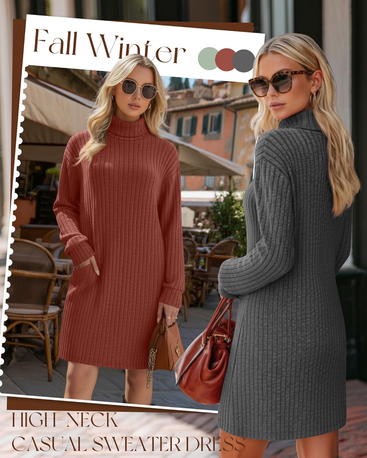 3 Pack Women's Long Sleeve Sweater Dresses, Ribbed Knit Turtle Neck Casual Tunic Dresses with Pockets Fall Outfits - Image 3