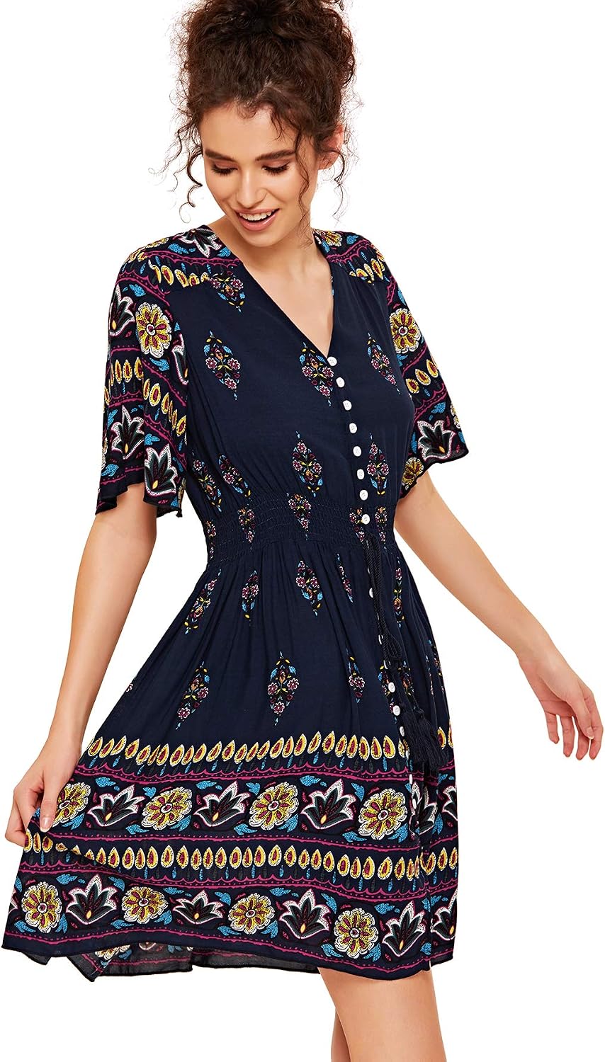 Milumia Women's Boho Button Up Split Floral Print Flowy Party Dress
