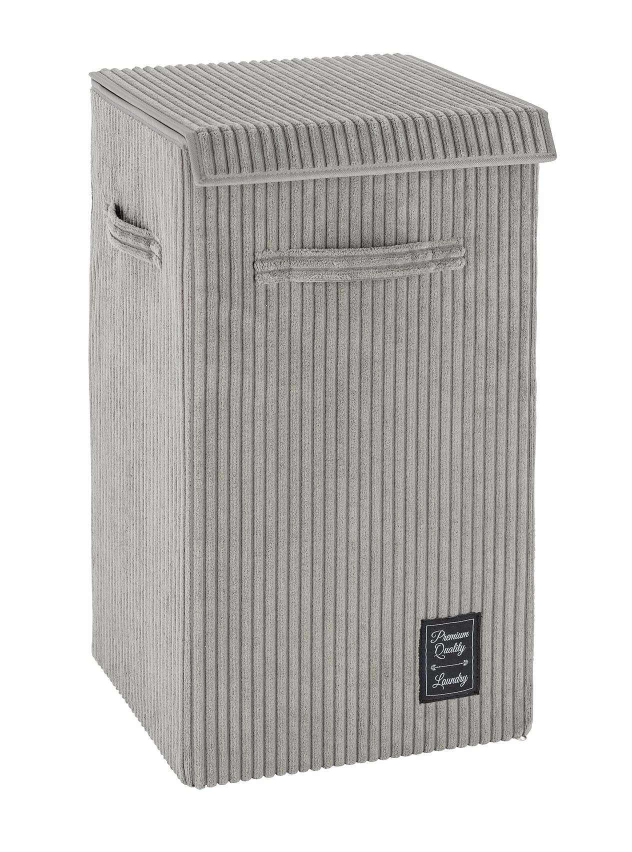 WENKO Wäschesammler Cora Grau, moderner Wäschekorb aus Flauschigen Cord, mit Klettverschluss-Deckel und 3 Tragegriffen, 63 Liter Fassungsvermögen, 33 x 58 x 33 cm, 100% Polyester