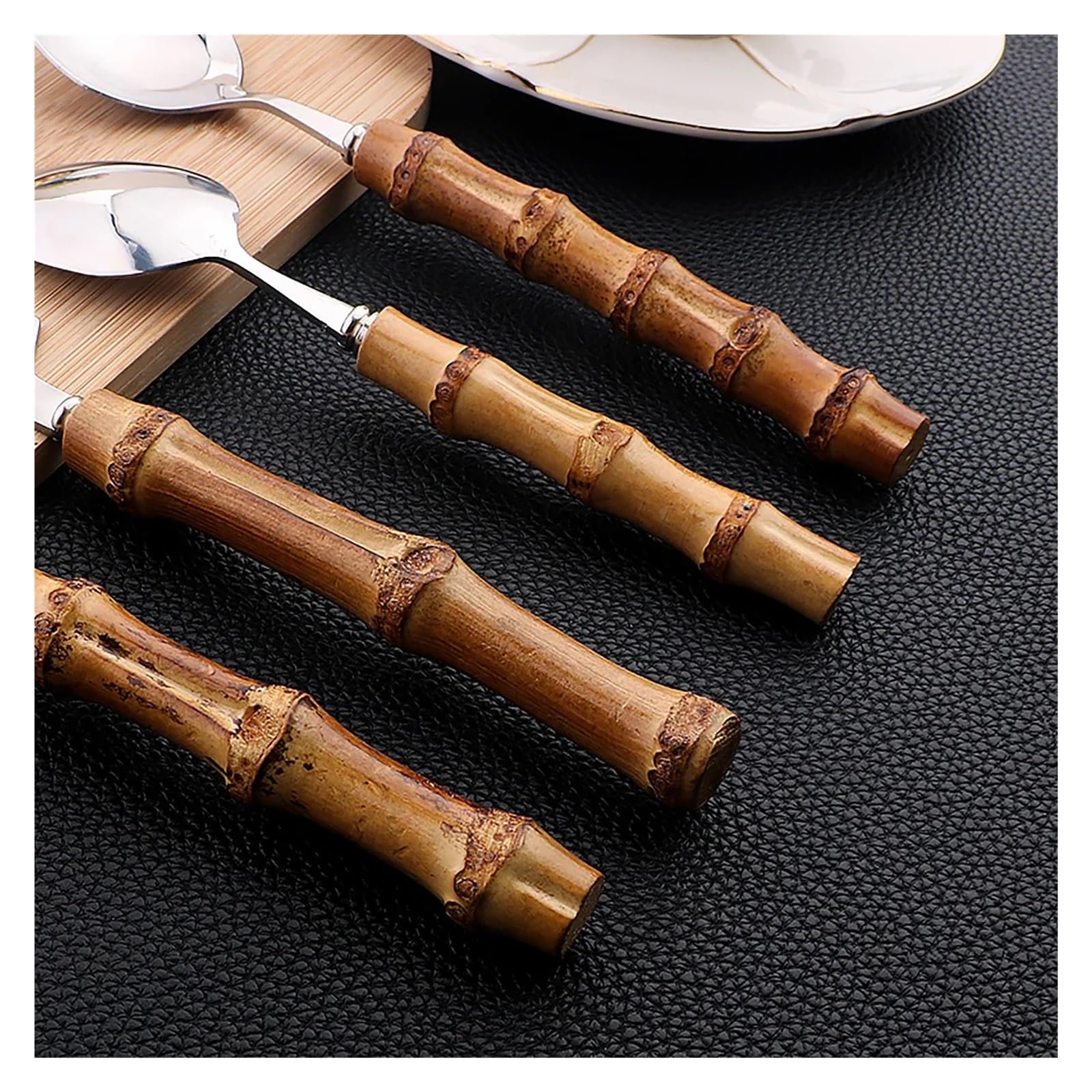 Set di posate, stoviglie in acciaio inossidabile da 16 pezzi con manico in bambù naturale, coltello, forchetta, cucchiaio(Silver 16Pcs)