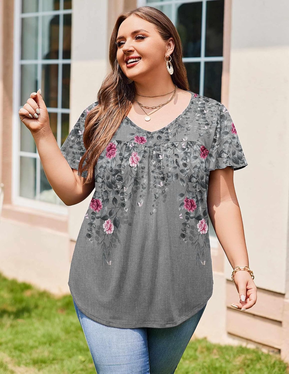 IN'VOLAND Plus Size Womens Ruffle Sleeve Tunic Tops V Neck Summer Shirts Floral Print Tops Dressy Blouse - Image 4