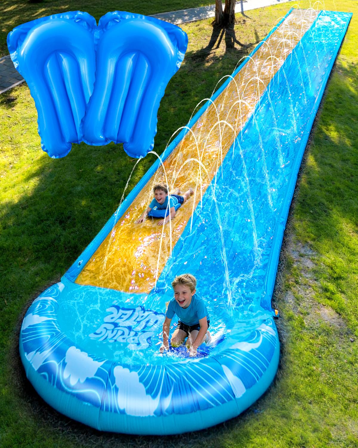 Photo 1 of Spring Water Extra Long Slip and Water Slide for Kids Adults Backyard, 32ft Giant Inflatable Slip n WaterSlide for Heavy Duty, Summer Outdoor Water Toys with 2 Bodyboards