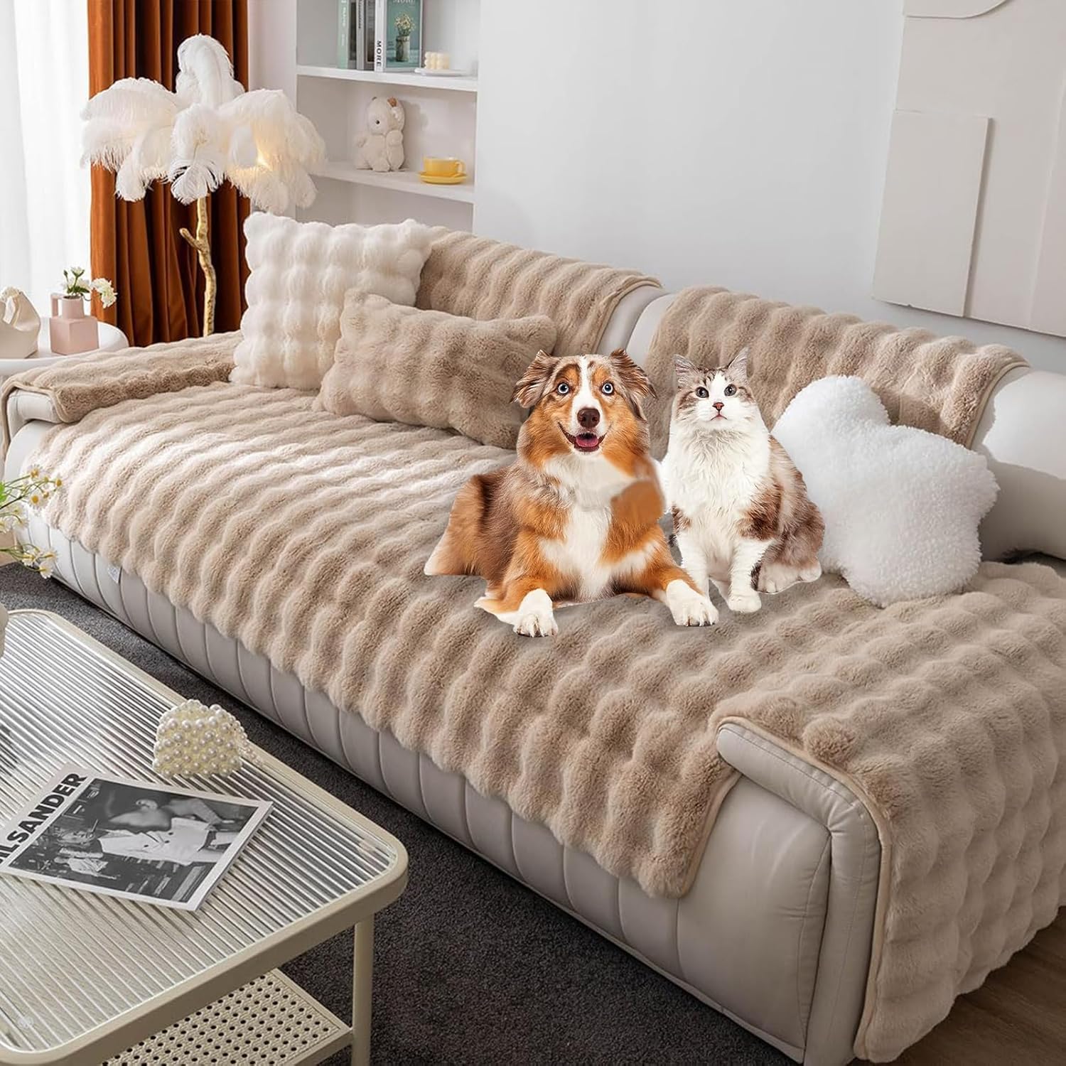 Funny Fuzzy Couch Cover, Funnyfuzzy Cream-Coloured Pet Mat Bed Couch Cover, Cosy Plush Non-Slip Washable Dog Blanket Floor Sofa Furniture Protector for Cats Dogs(Size:70 * 210cm,Color:E)