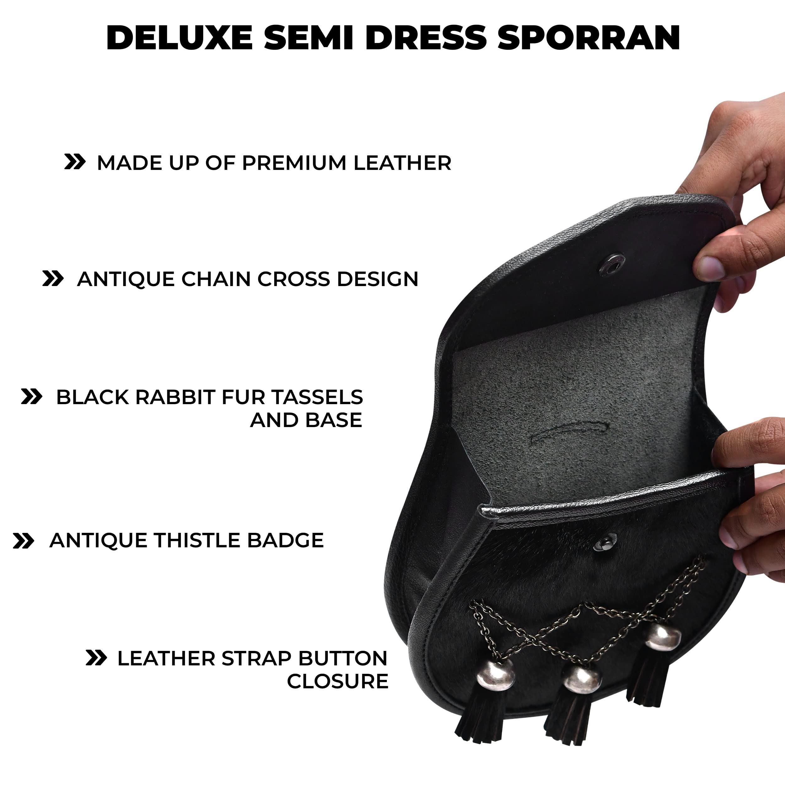 Scottish Kilt Semi Dress Sporran in vera pelle con nappe in pelle (badge cardo), Black, Prossoefinito