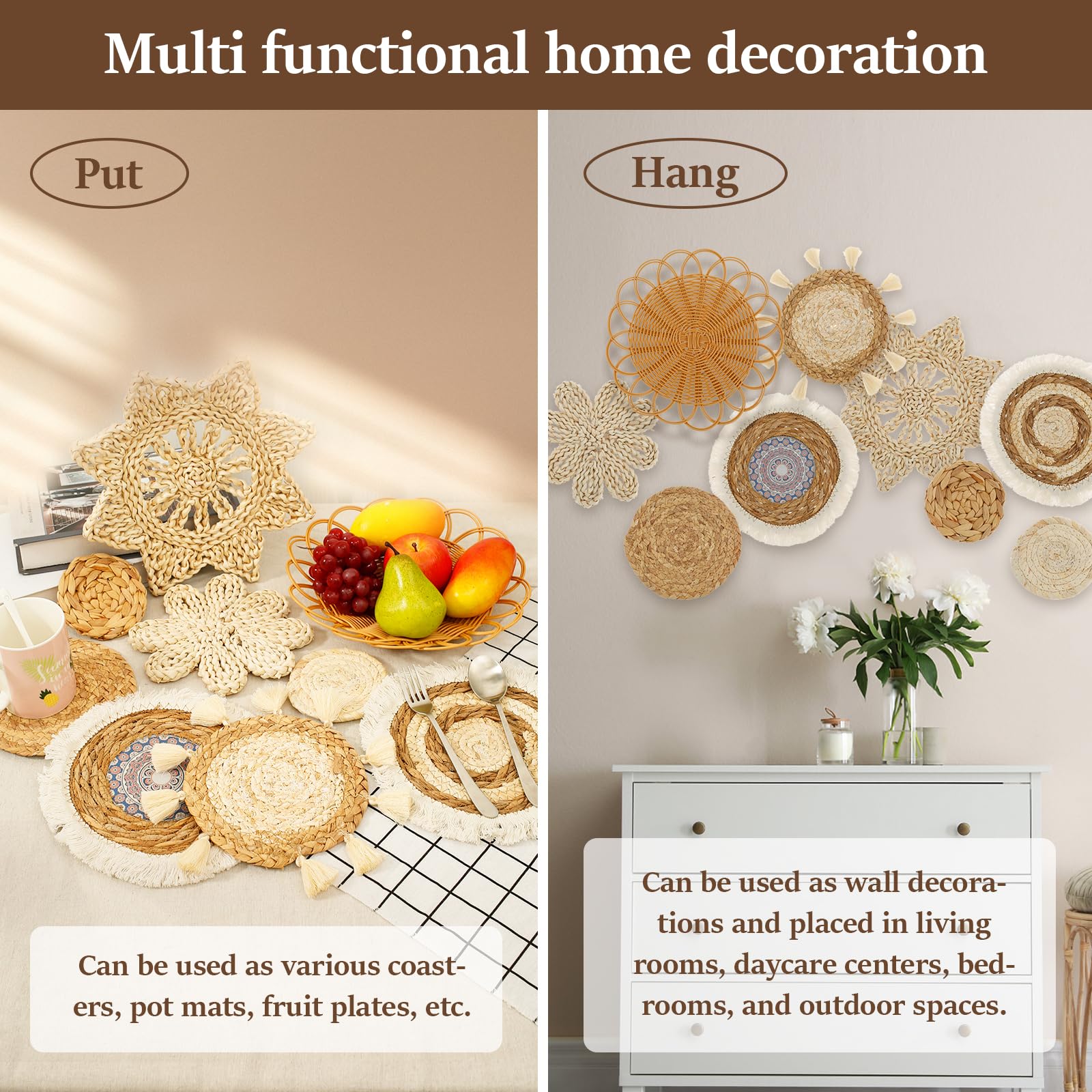 9 cestas de pared bohemias, decoración de pared de mimbre de ratán, decoración de pared tejida para colgar, arte de pared redondo hecho a mano para sala de estar, dormitorio, mesa de exhibición,