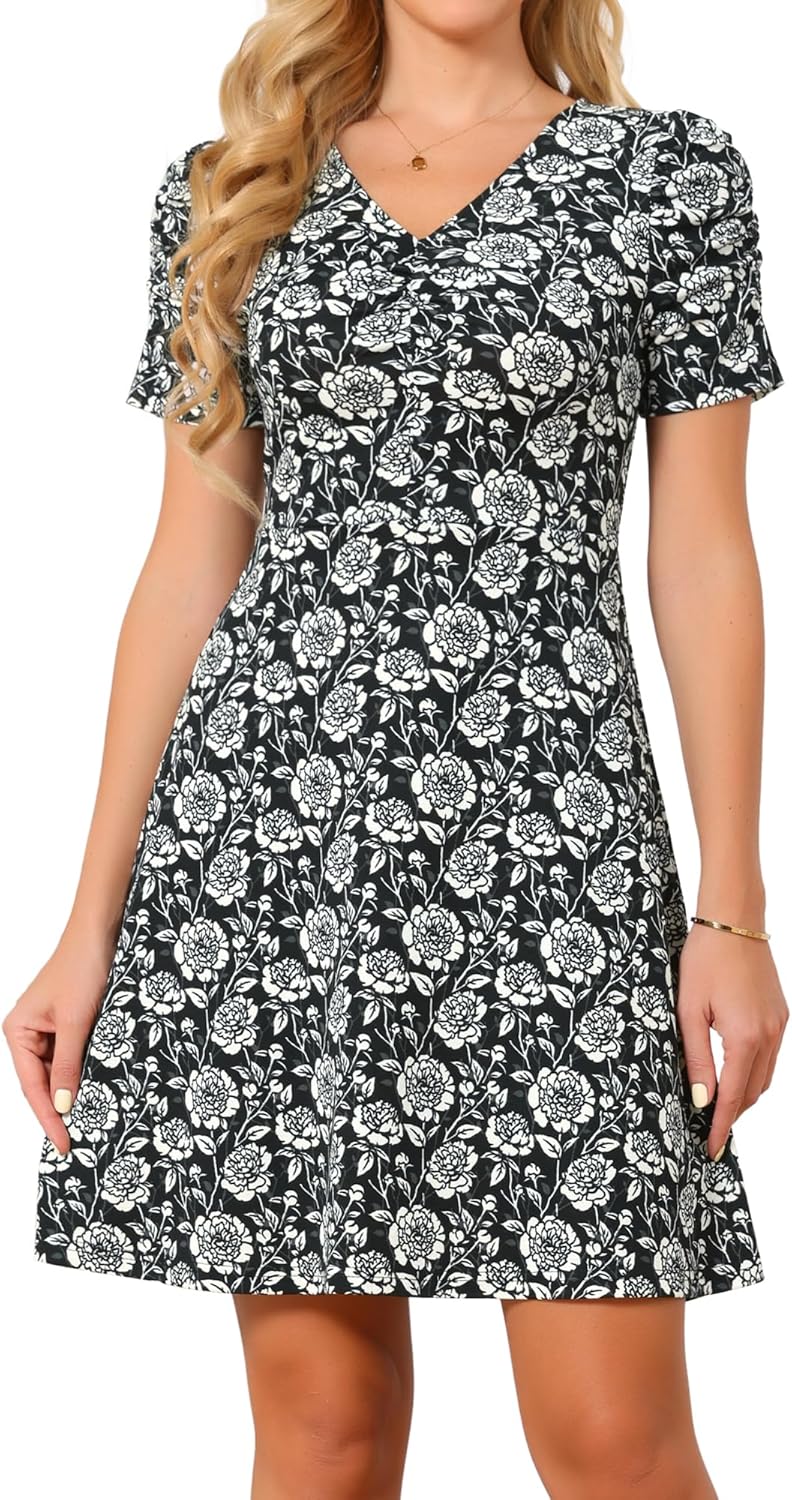 Seta T Women's Floral Print Dress Casual Ruched Short Sleeve V Neck Sundress Stretchy A Line Flowy Summer Mini Dresses