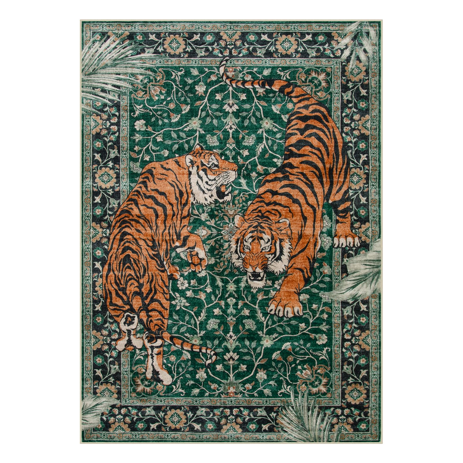 Moynesa Tiger – Tapis bohème Lavable pour Salon, Chambre à Coucher, Tapis Vert Ultra Fin, Vintage, résistant aux Taches, pour Bureau, Salle à Manger