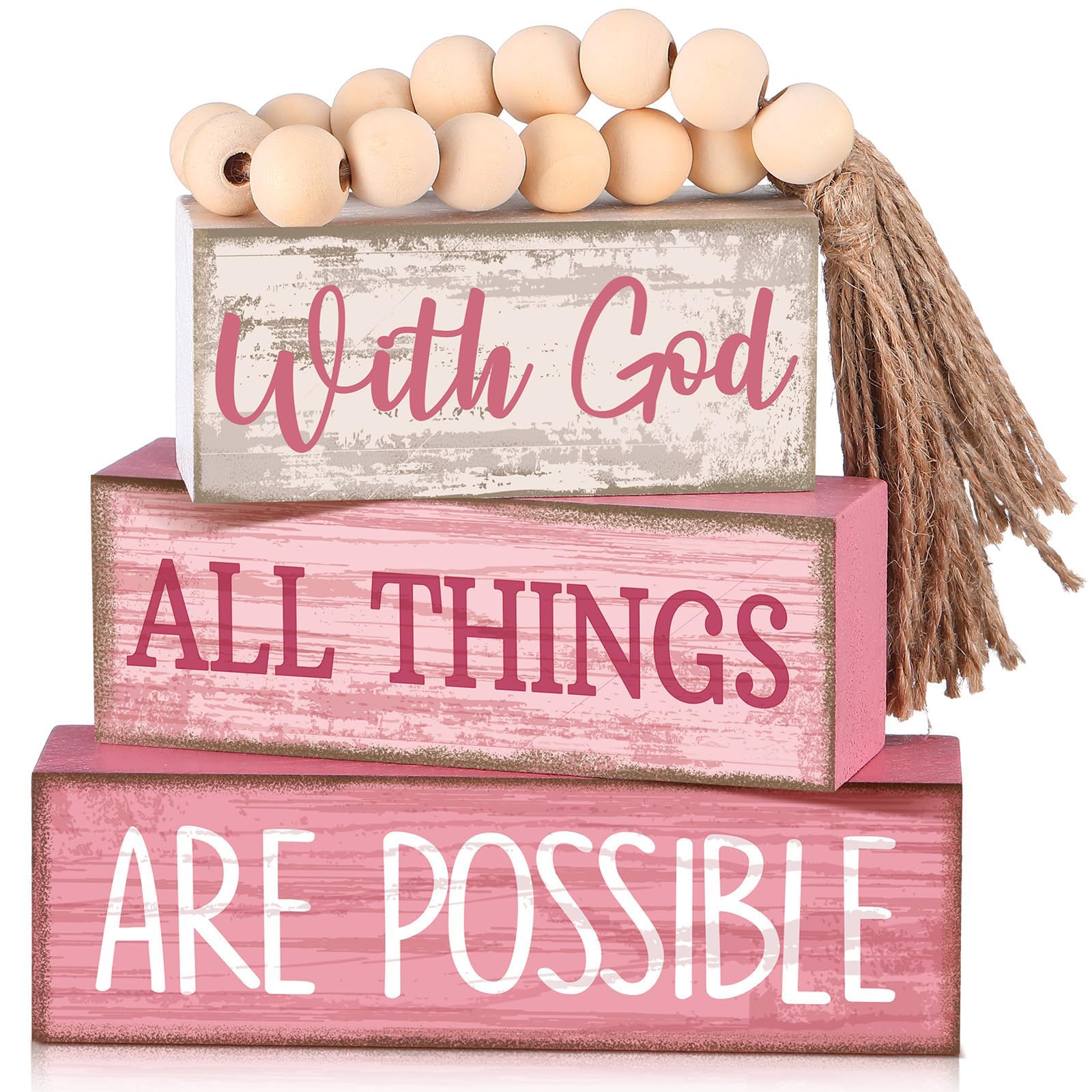 4 PCS Pink Wooden Ornaments with Wood Beads Garland, Inspirational Aesthetic Room Decor Decorative Home Accessories, Solid Wood Ornaments for Living Room Bedroom, Cute Home Accessories Gifts