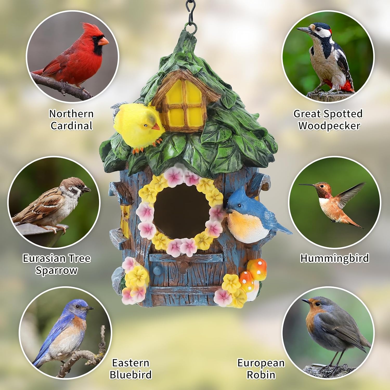Bird Houses for Outside Real Wood-Look Birdhouse with Blue Bird – Hand-Painted Resin Birdhouses for Outdoors for Bluebird Finches Cardinals Bird Nesting Garden, Patio, Yard