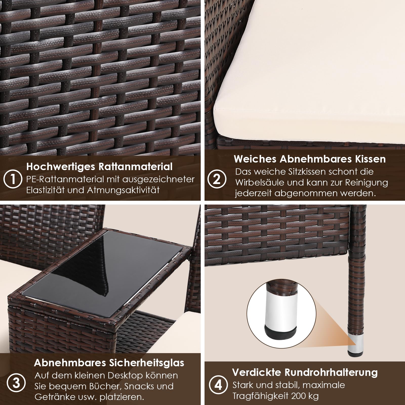 TLSUNNY Wetterfest Polyrattan Gartenbank, 2-Sitzer Gartenmöbel Set mit Integriertem Tisch, 2PCS Sitzkissen, Rattan Balkonmöbel, Bequem und Atmungsaktiv, 120X54X83cm, Groß Balkonmöbel Set, Braun