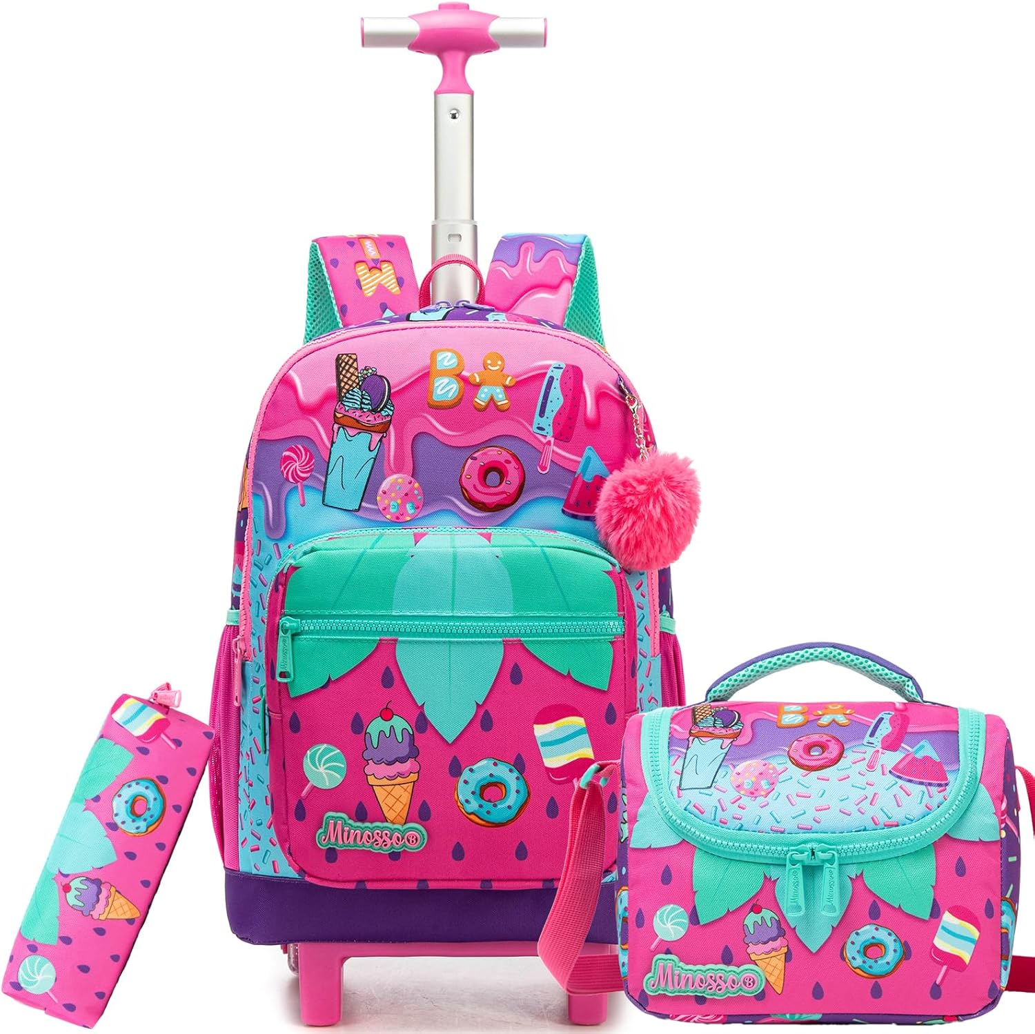 Rolling Backpack for Girls,Backpack with Wheels for Kids 8–12,Lightweight Wheeled School Backpack with Lunch Box,Cute Bookbag for Elementary and Middle School