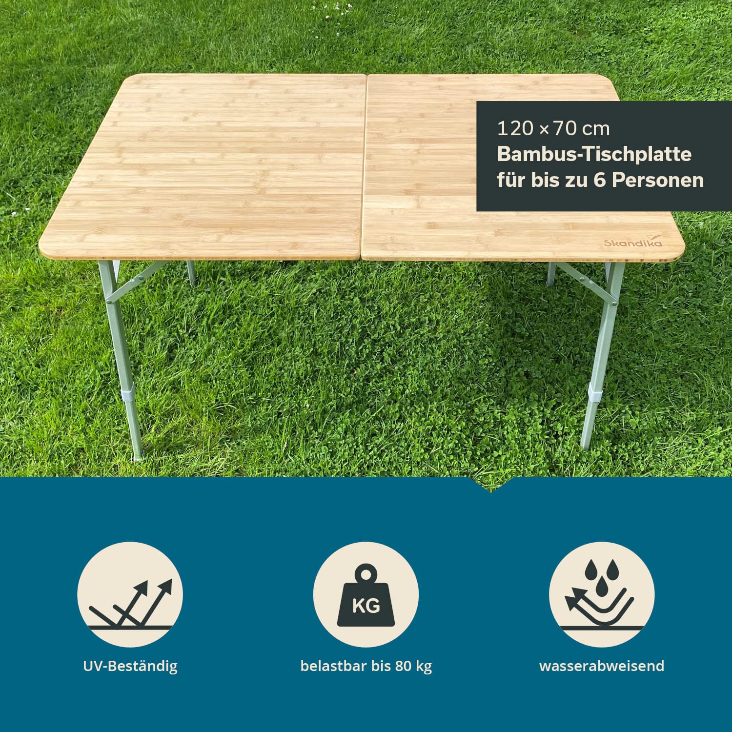 Skandika Bambus Campingtisch Tolja | Faltbarer Tisch mit Netzablage, versch. Größen, 3-Fach höhenverstellbar, Alu, Holz, wetterfest, UV-beständig | Klapptisch für Camping, Garten, Balkon